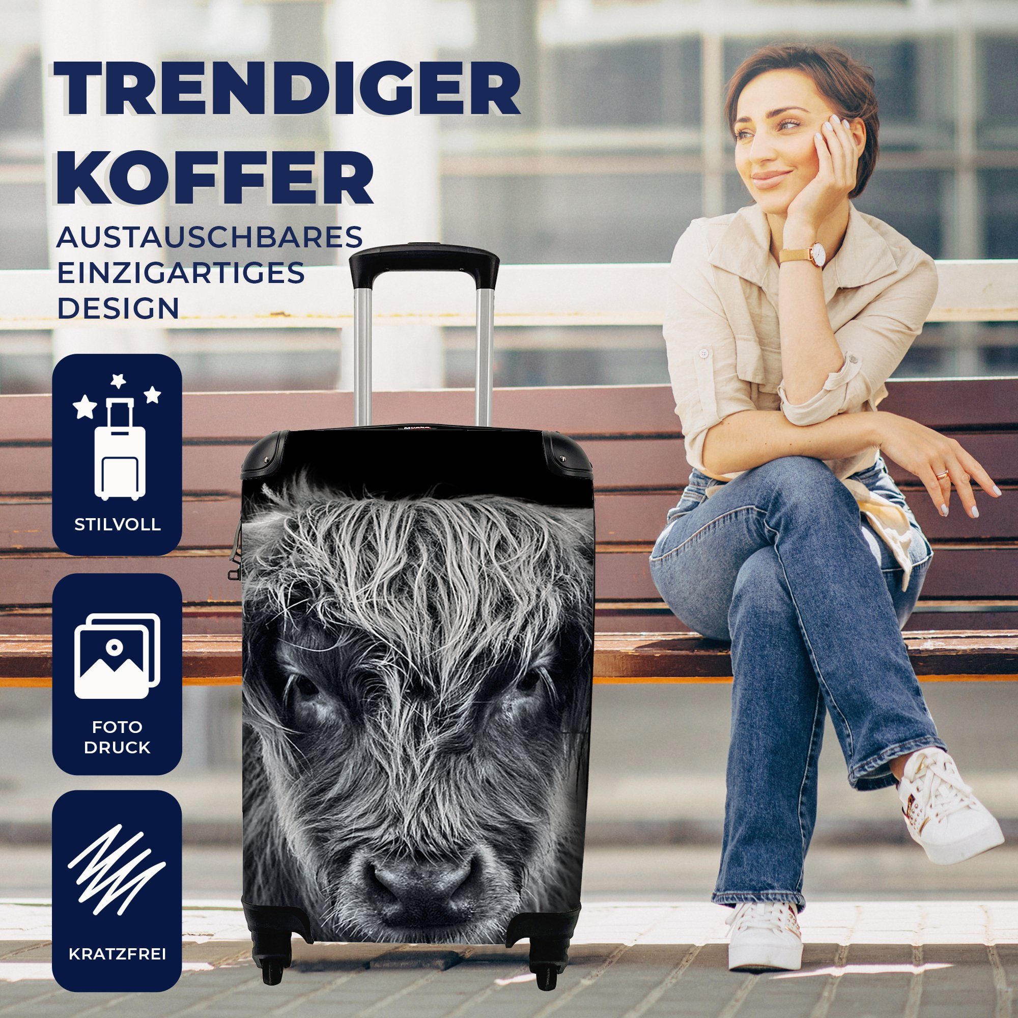 Reisetasche Handgepäckkoffer - - - Trolley, für rollen, mit MuchoWow Schottischer Schwarz Handgepäck Highlander Tiere, Kuh 4 Rollen, Ferien, Reisekoffer