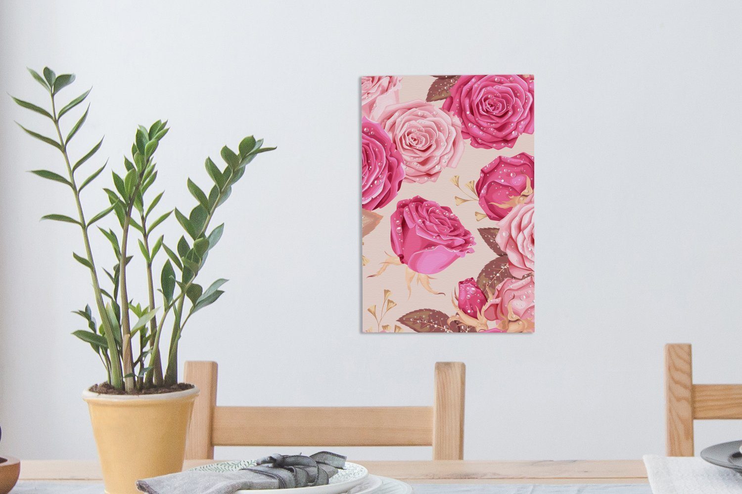 OneMillionCanvasses® Leinwandbild Rosen - Blätter Rosa - Gemälde, Leinwandbild Tropfen, bespannt fertig Zackenaufhänger, St), 20x30 inkl. - cm (1