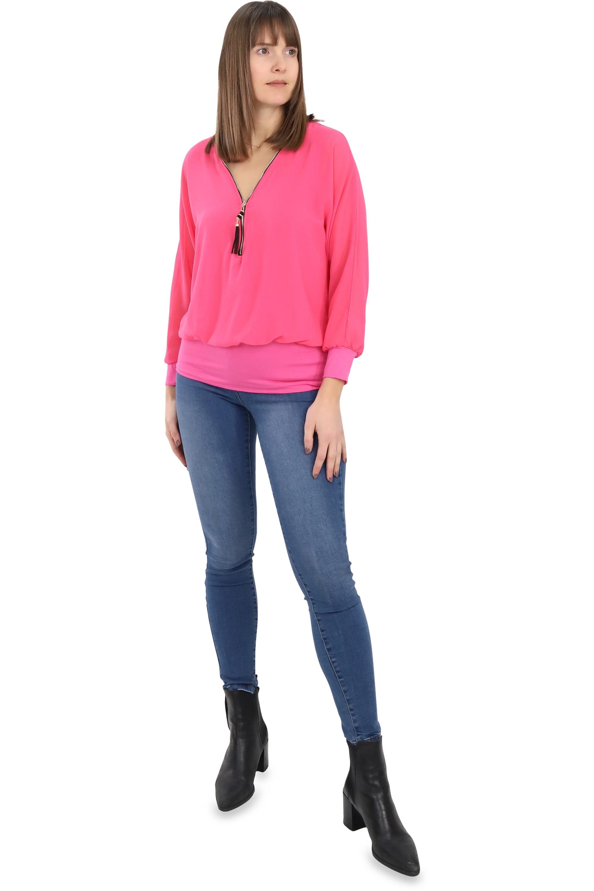 malito more than fashion Chiffonbluse malito Damen Bluse im Fledermaus Look, Tunika mit Zipper, kurzarm Bluse mit Fledermausärmeln Einheitsgröße