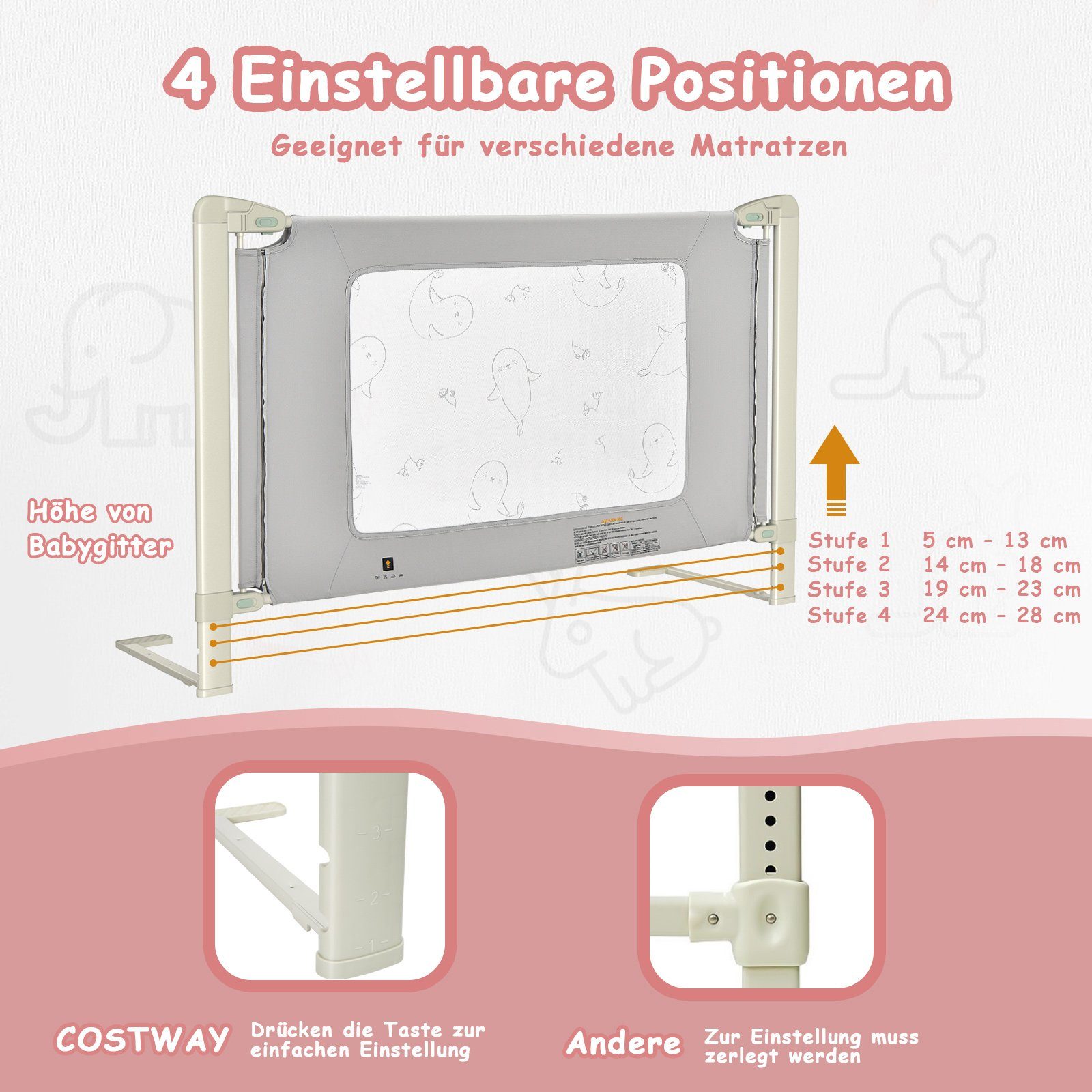 Grau mit Höhe Bettschutzgitter, COSTWAY einstellbarer