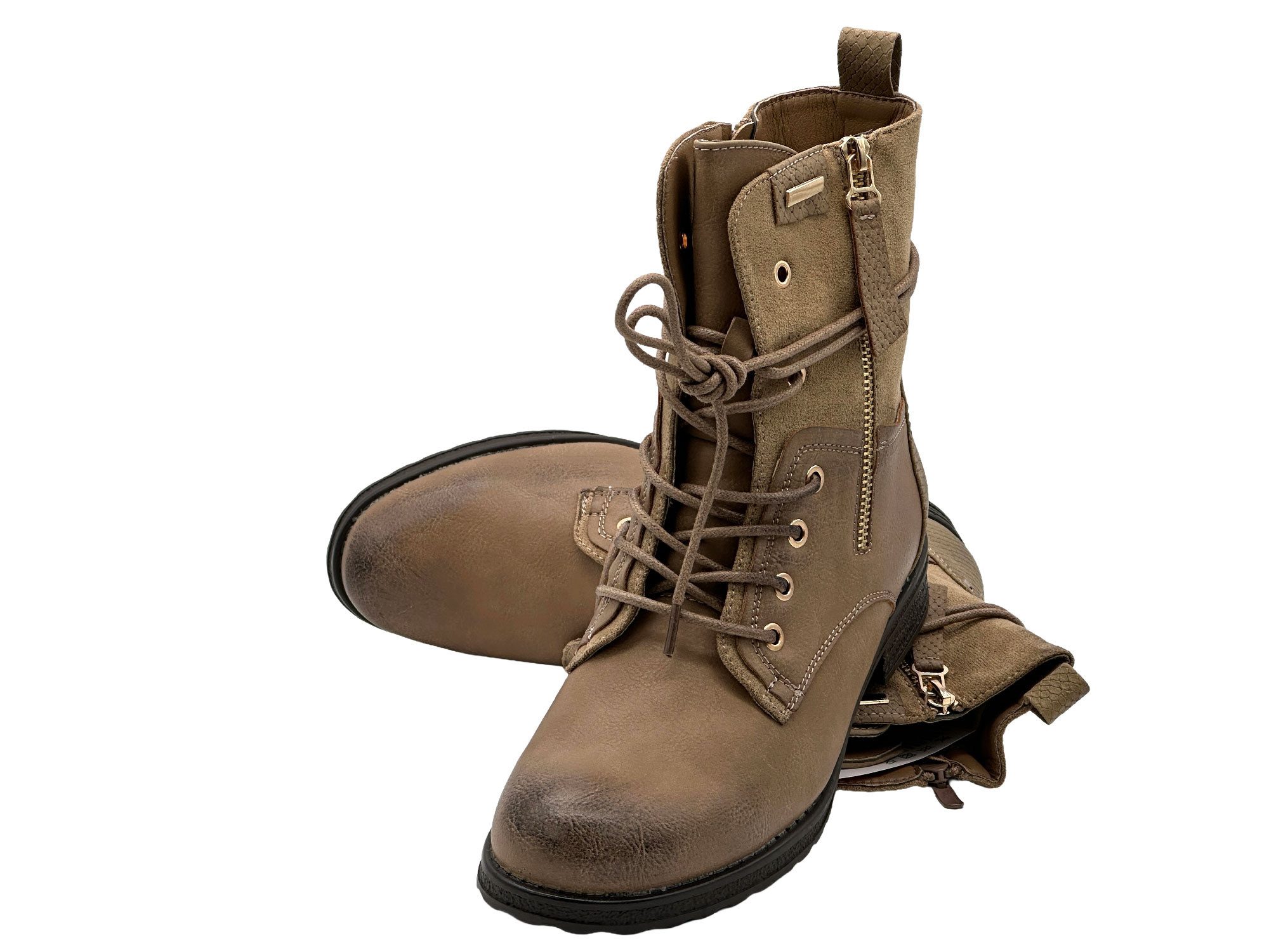 Nowaland Casual Damen Boots mit Warmfutter und Reißverschluss Stiefelette Dekorative Schnürung und kuscheliges Warmfutter