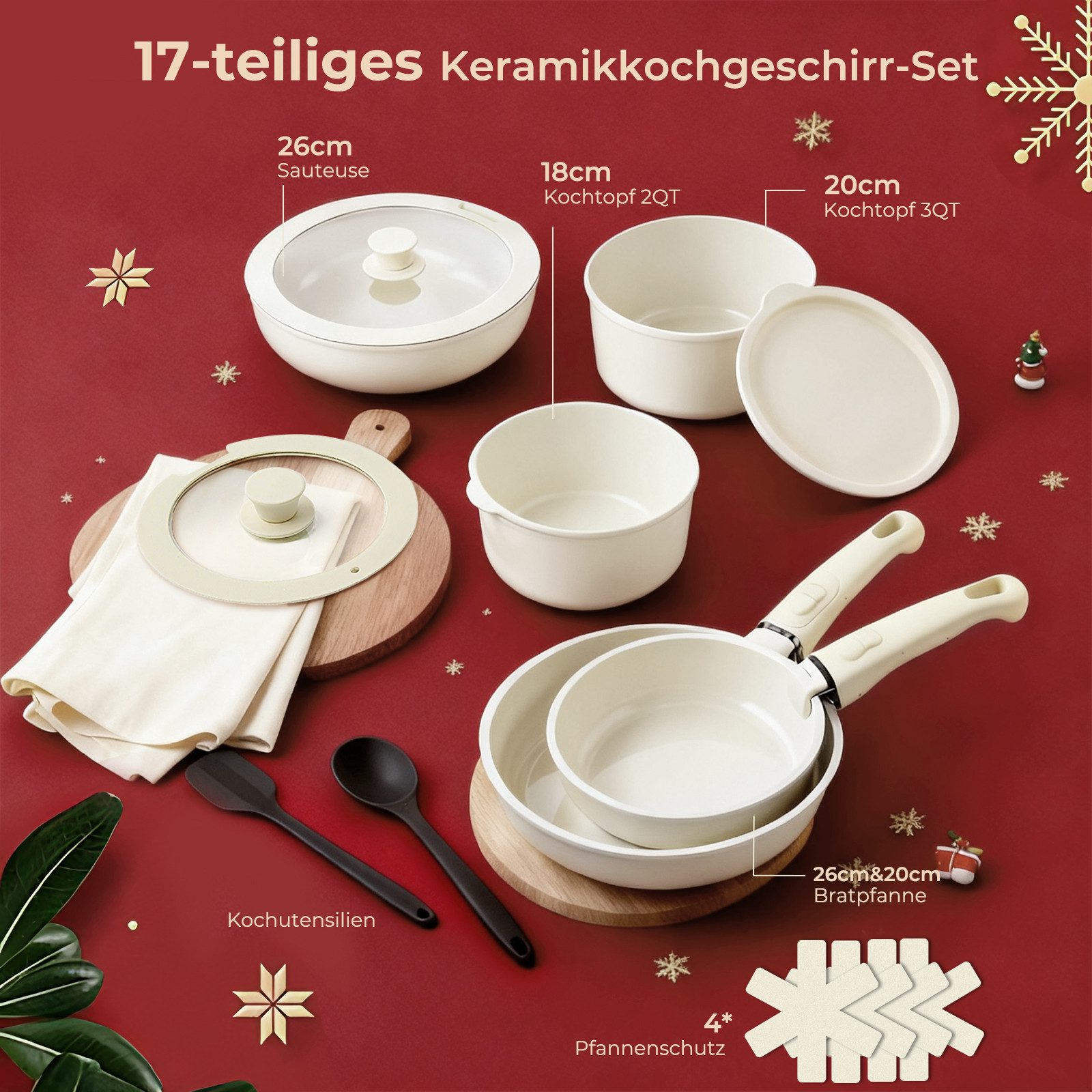 FOHERE Topf-Set Kochgeschirr-Set mit abnehmbaren Griff, Keramik (Set, 17-tlg), für alle Herdarten, mit stapelbarem Design