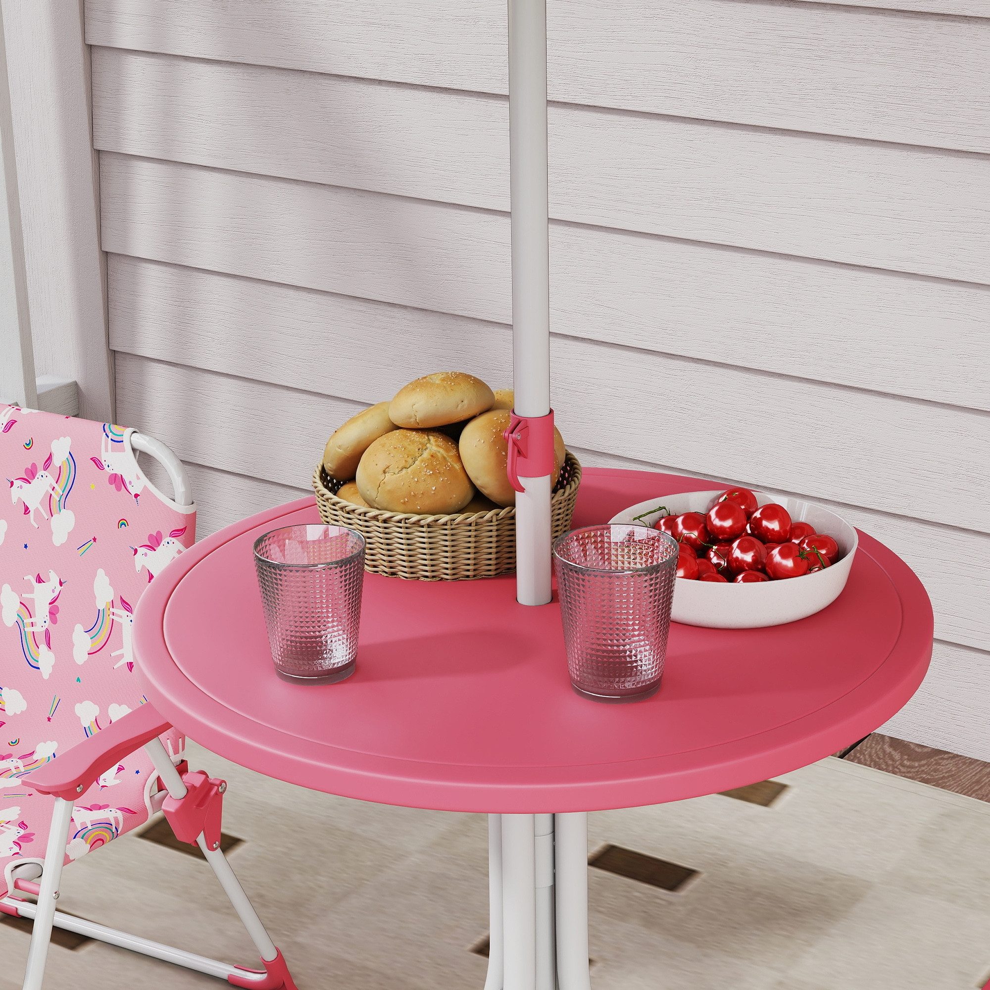 MC Star Garten-Kindersitzgruppe Kindersitzgruppe, 4 teilige Kindersitzgarnitur, (mit abnehmbarem Sonnenschirm, Kindertisch mit 2 Klappstühlen, Rosa)