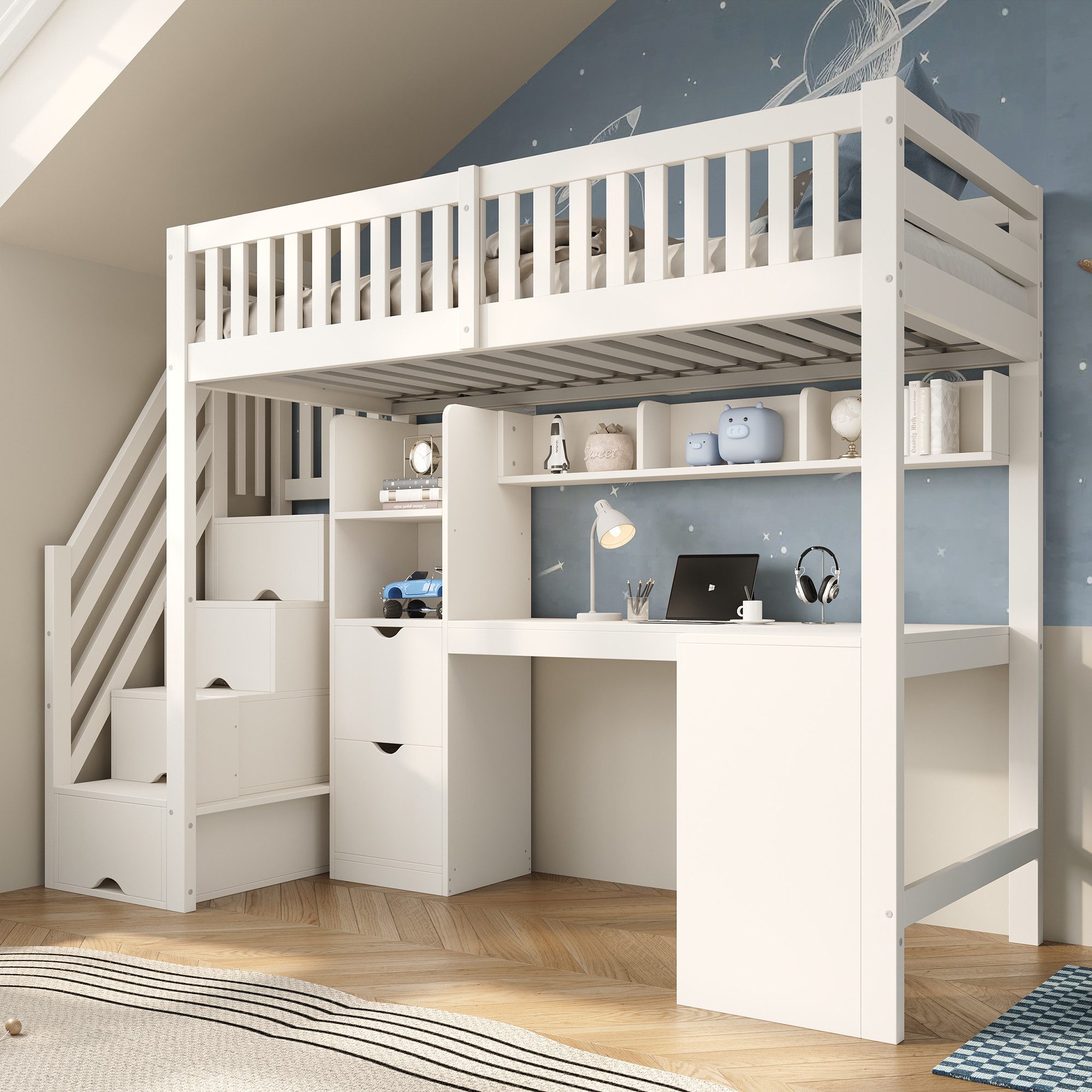 MODFU Hochbett Hochbett 90x200 cm mit Treppenschrank & Eckschreibtisch, Weiß (Packung, 1-St., platzsparendes Holzbett für Kinder und Jugendliche) mit Stauraum und Schubladen (ohne Matratze)