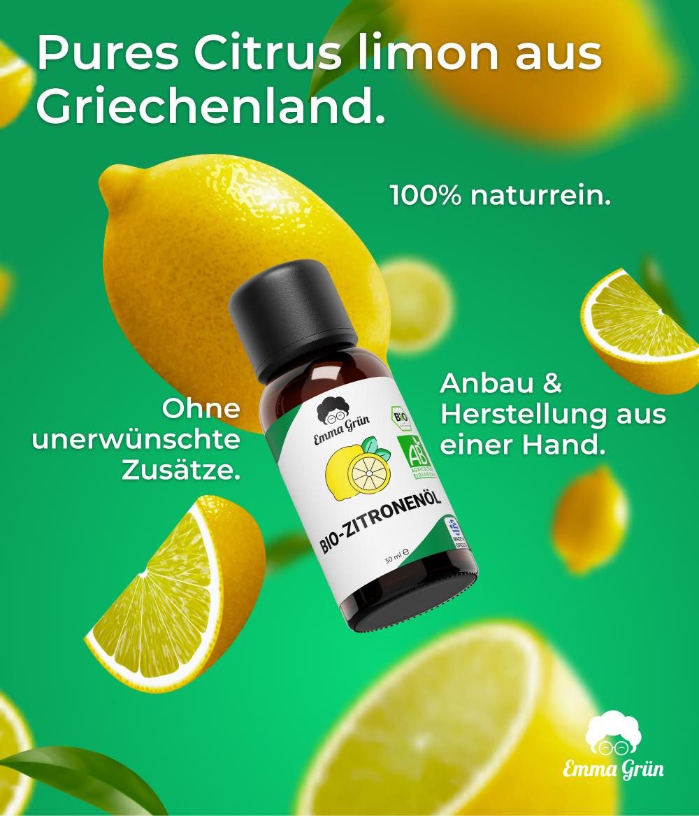 Emma Grün Duftöl Bio Zitronenöl, ätherisch, naturrein & hochdosiert (Set, Je nach Auswahl: 1x, 2x oder 5x Bio Zitronenöl 30 ml), Höchste Bio-Zertifizierung als Lebensmittel, naturrein & ohne Zusätze