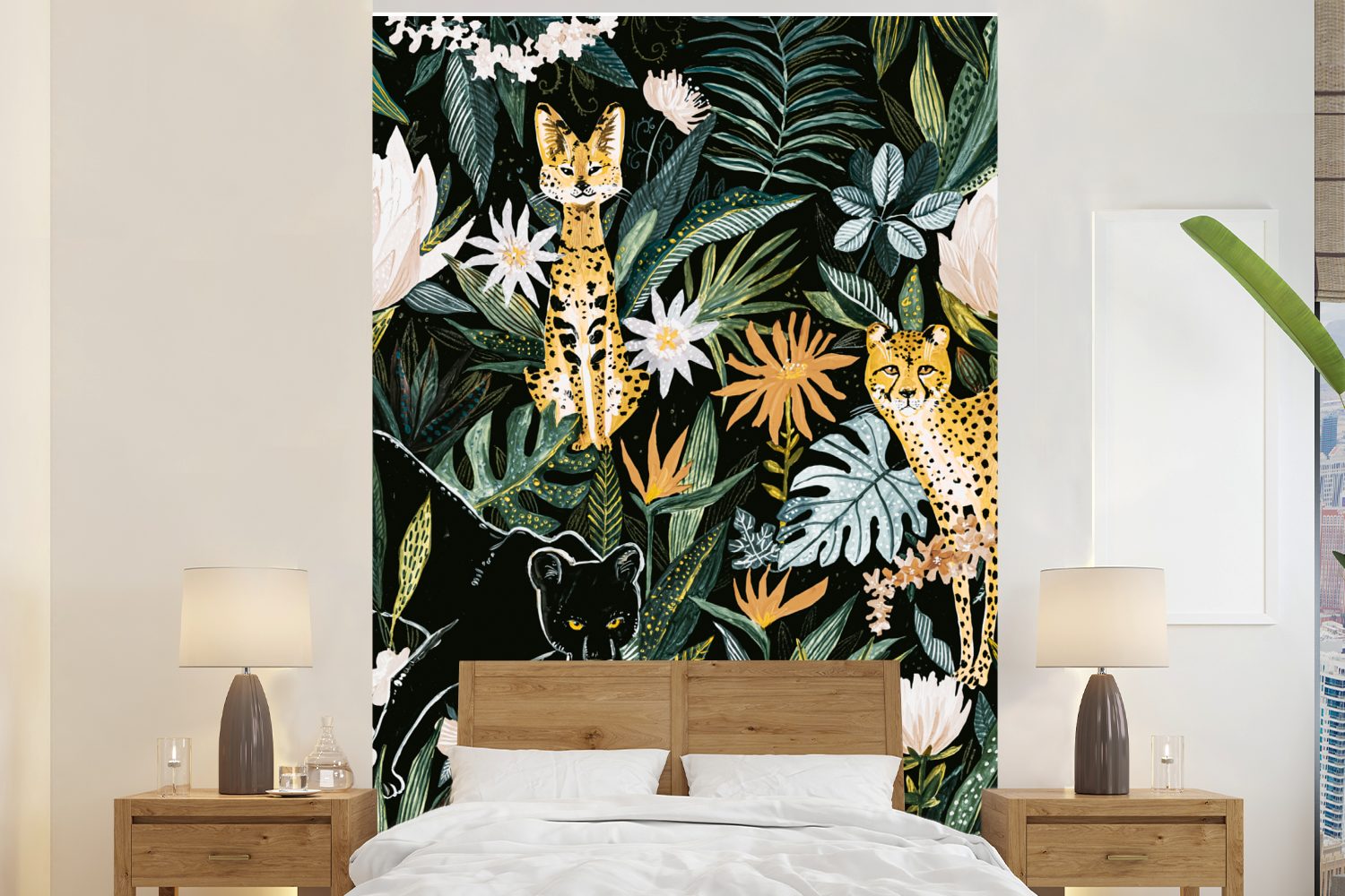 MuchoWow Fototapete Dschungel - Pflanzen - Panther, Matt, bedruckt, (3 St), Montagefertig Vinyl Tapete für Wohnzimmer, Wandtapete