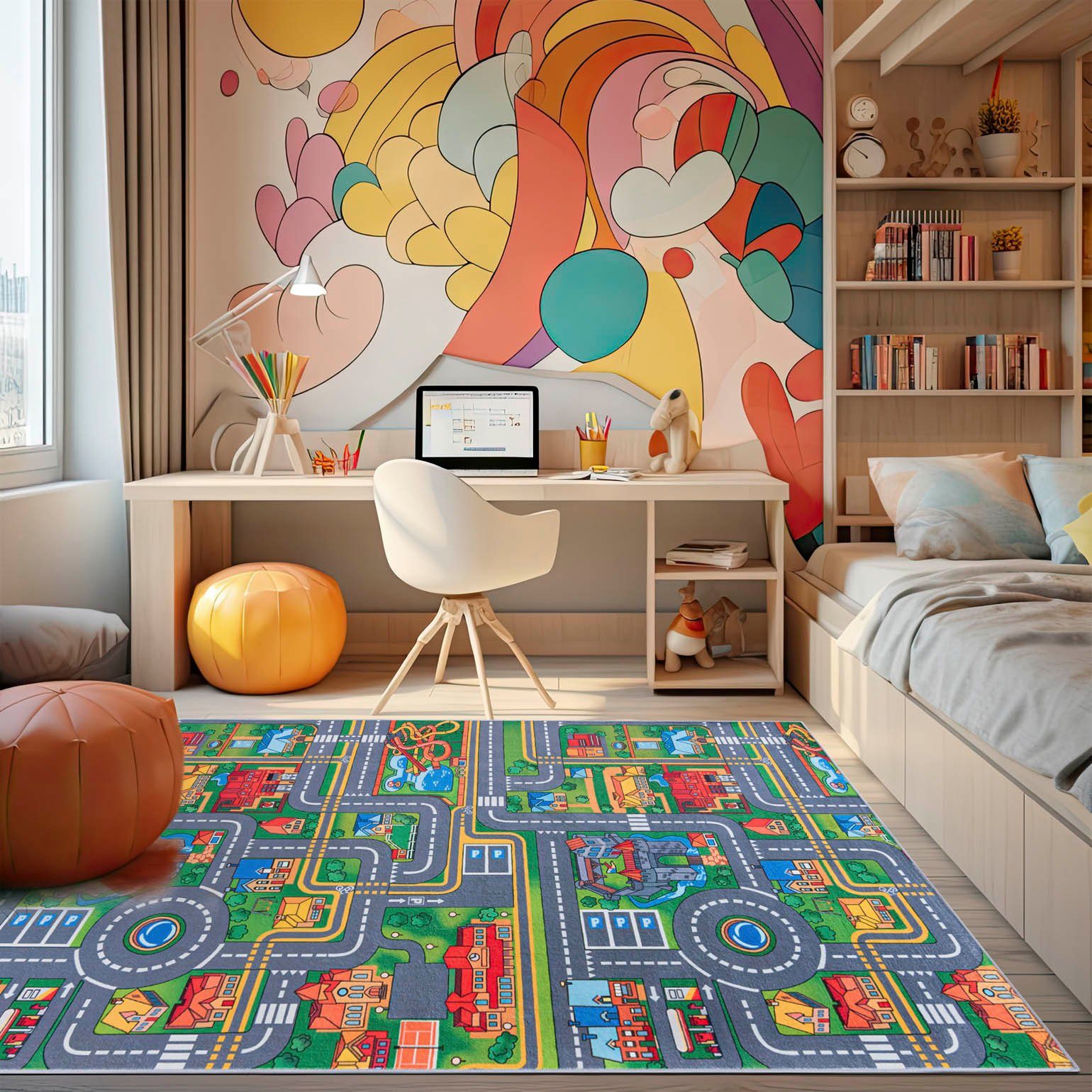 Mazovia Kinderteppich Kinderteppich Spiel Teppich Kinderzimmerteppich Straße Grün Grau, 80 x 150 cm, Fußbodenheizung, Allergiker geeignet, Rutschfest