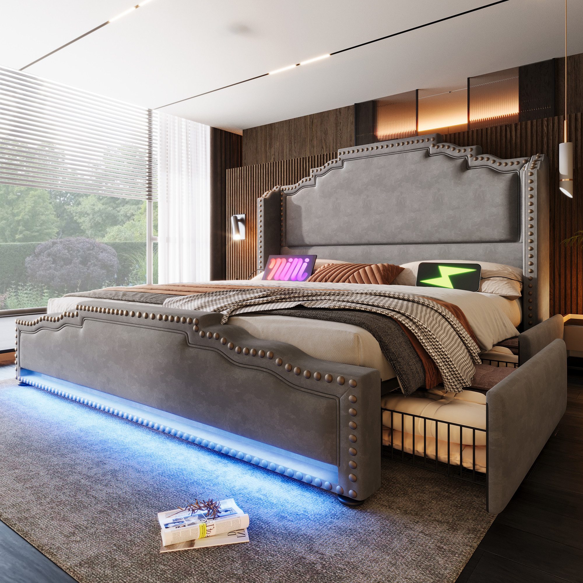 Flieks Polsterbett, Doppelbett 160x200cm mit LED-Beleuchtung 4 Schubladen u günstig online kaufen