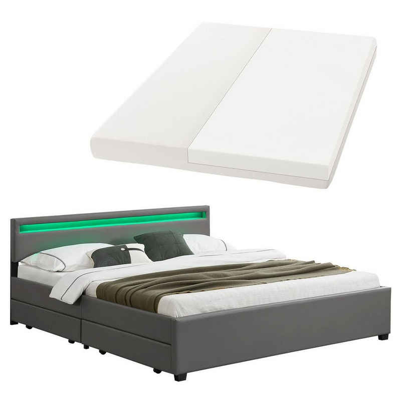 Juskys Polsterbett Lyon mit Matratze, 180x200 cm, ausziehbare Bettkästen, LED-Licht, inkl. Matratze