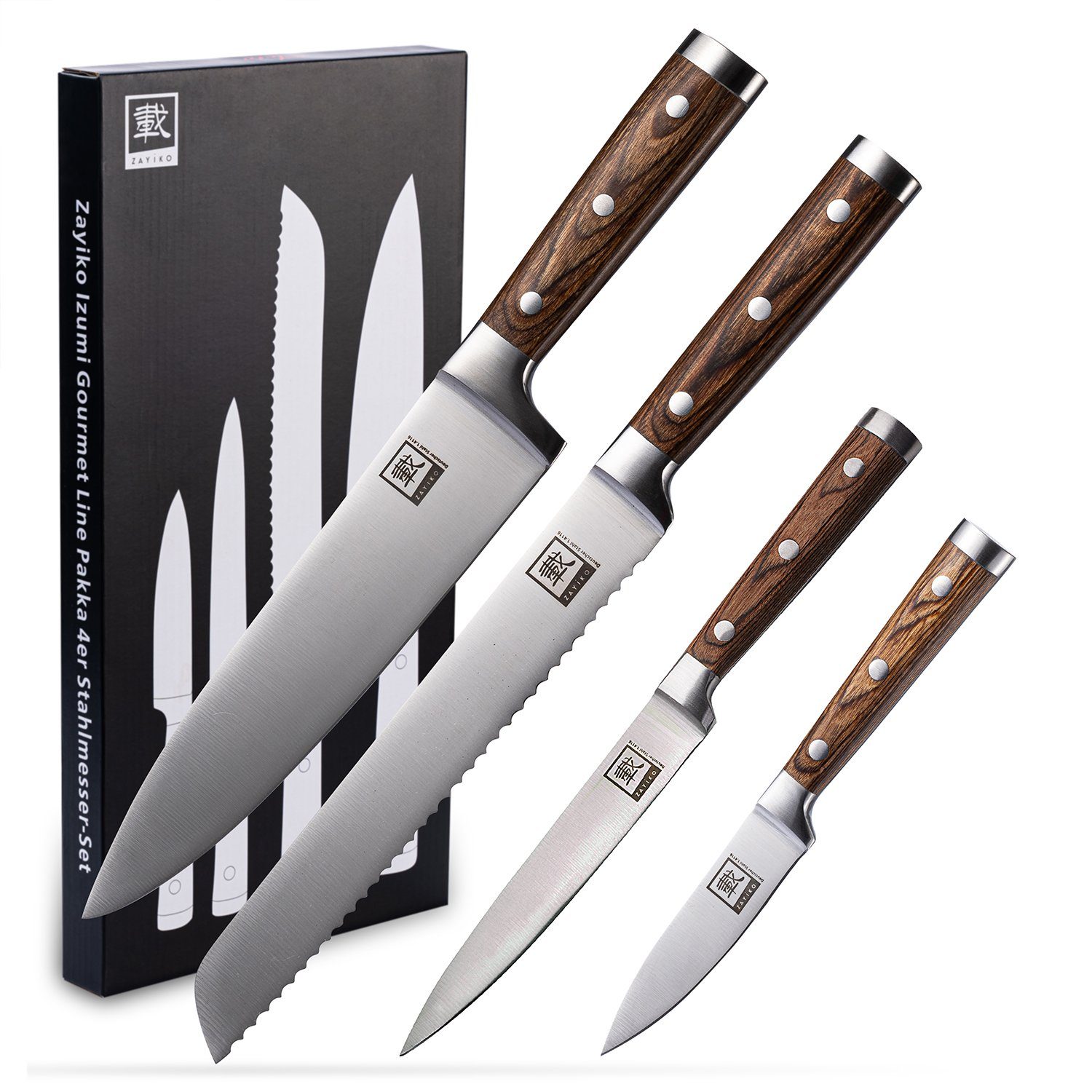 ZAYIKO Messer-Set IZUMI 4er Messer-Set 8,8-20cm Klingen I Edelstahl mit Pakkaholzgriff