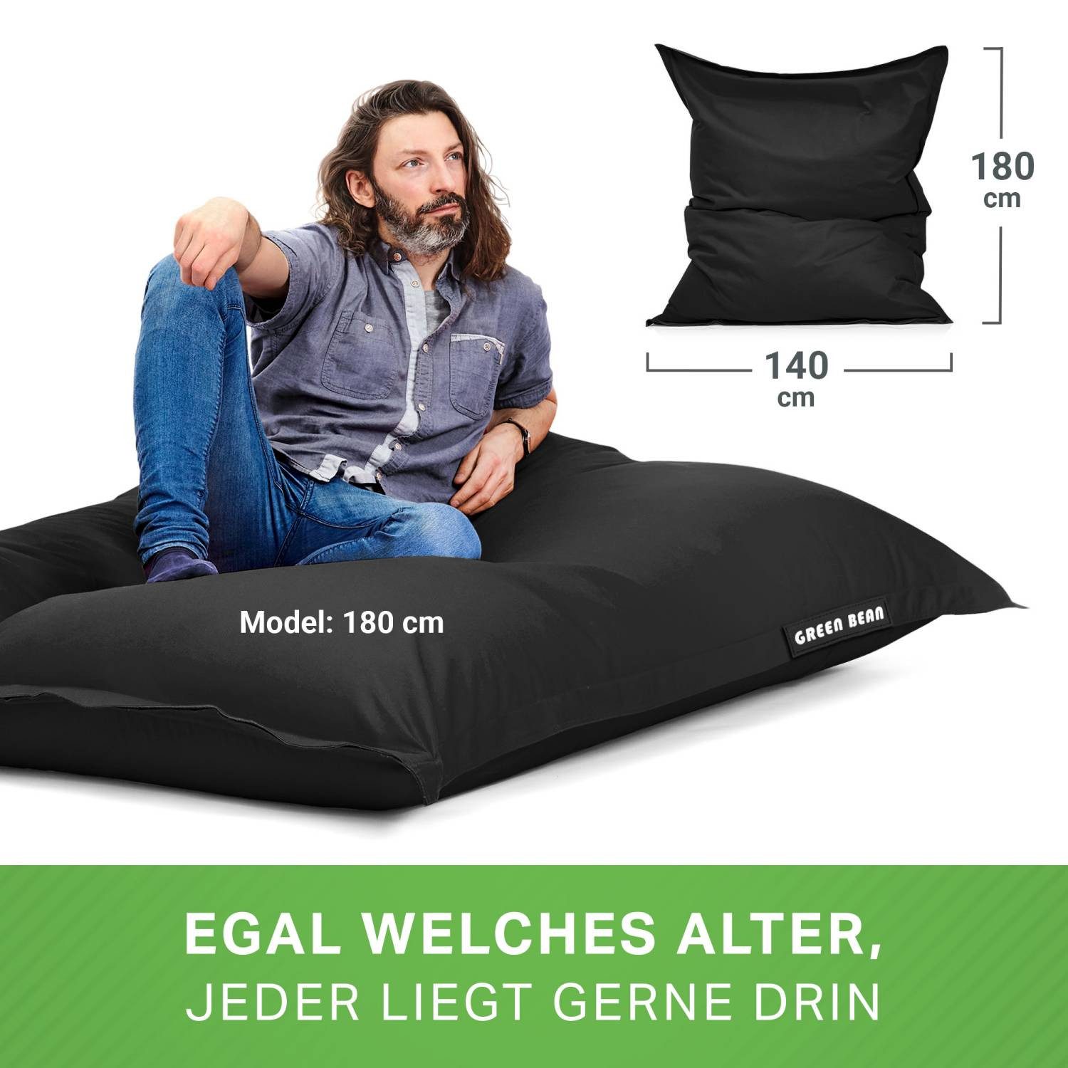 Green Bean Sitzsack XXL Outdoor Sitzsack Square 140x180cm (XXL Riesensitzsack 140x180cm 380 Liter Kinder & Erwachsene Bean Bag EPS Perlen Füllung, Groß Draußen  – Bild 5 von 5