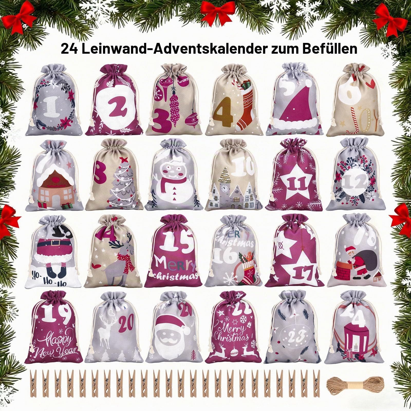Sorvyzxn Adventskalender Adventskalender zum Befüllen 24 Jutebeutel Stoffbezug gedruckt, Adventskalender Säckchen, Weihnachtskalender zum Befüllen – Bild 2 von 5