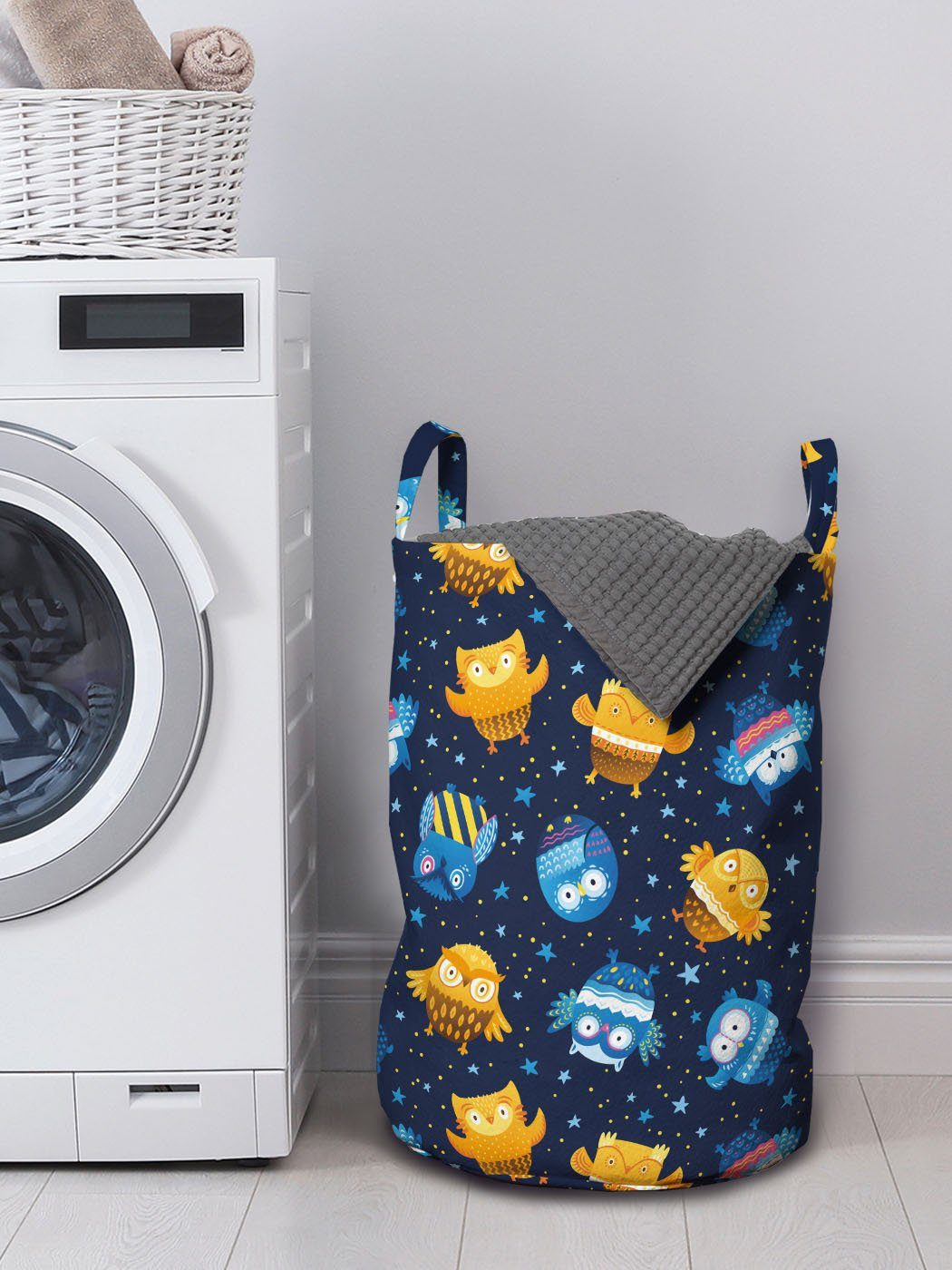Wäschesäckchen Gelb in Kordelzugverschluss für Galaxie Blau der und Wäschekorb Waschsalons, Griffen Abakuhaus mit Eulen