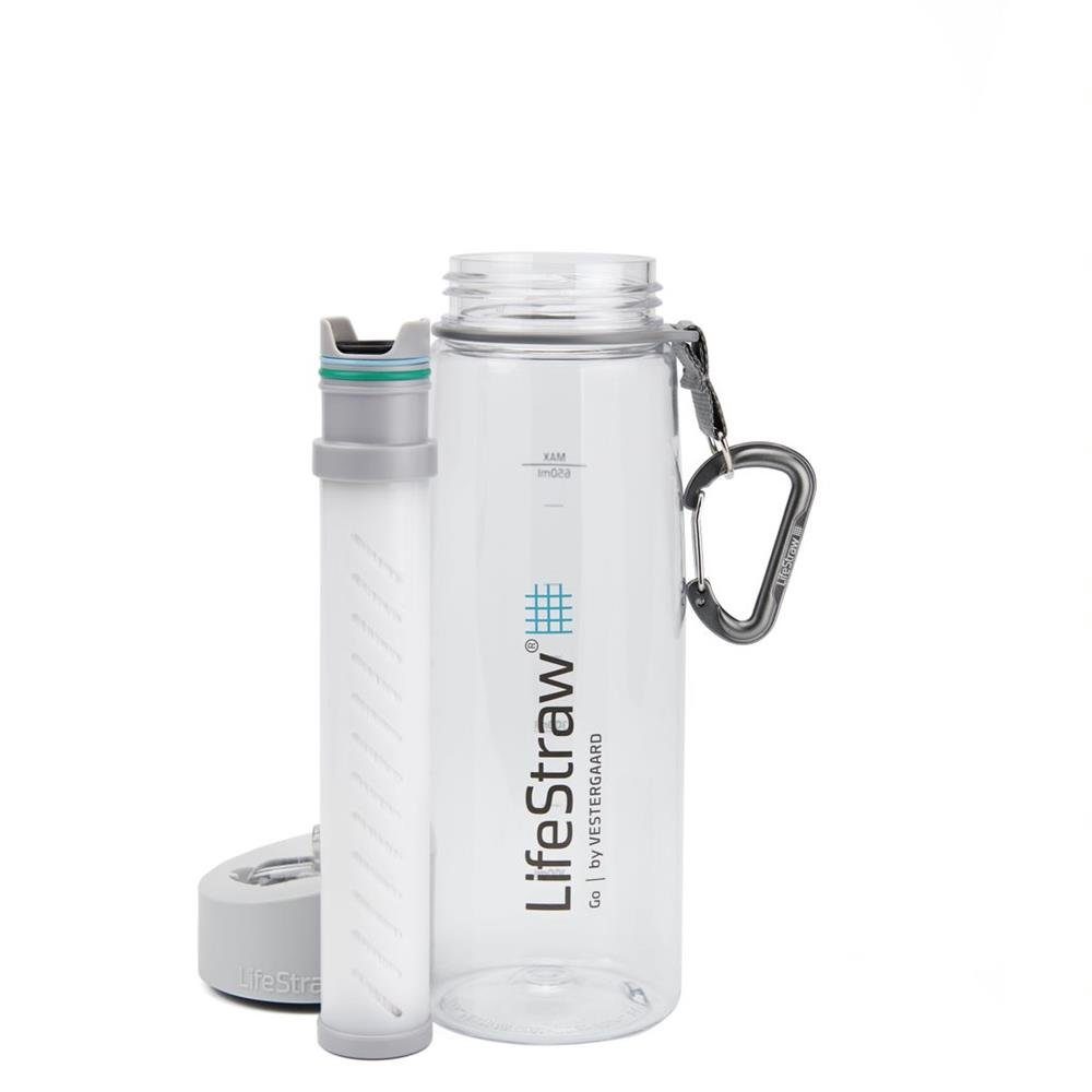 Camping LifeStraw Wasserflasche grau mit Trinkflasche Klappverschluss Karabinerhaken Go Filter 2-stufig,