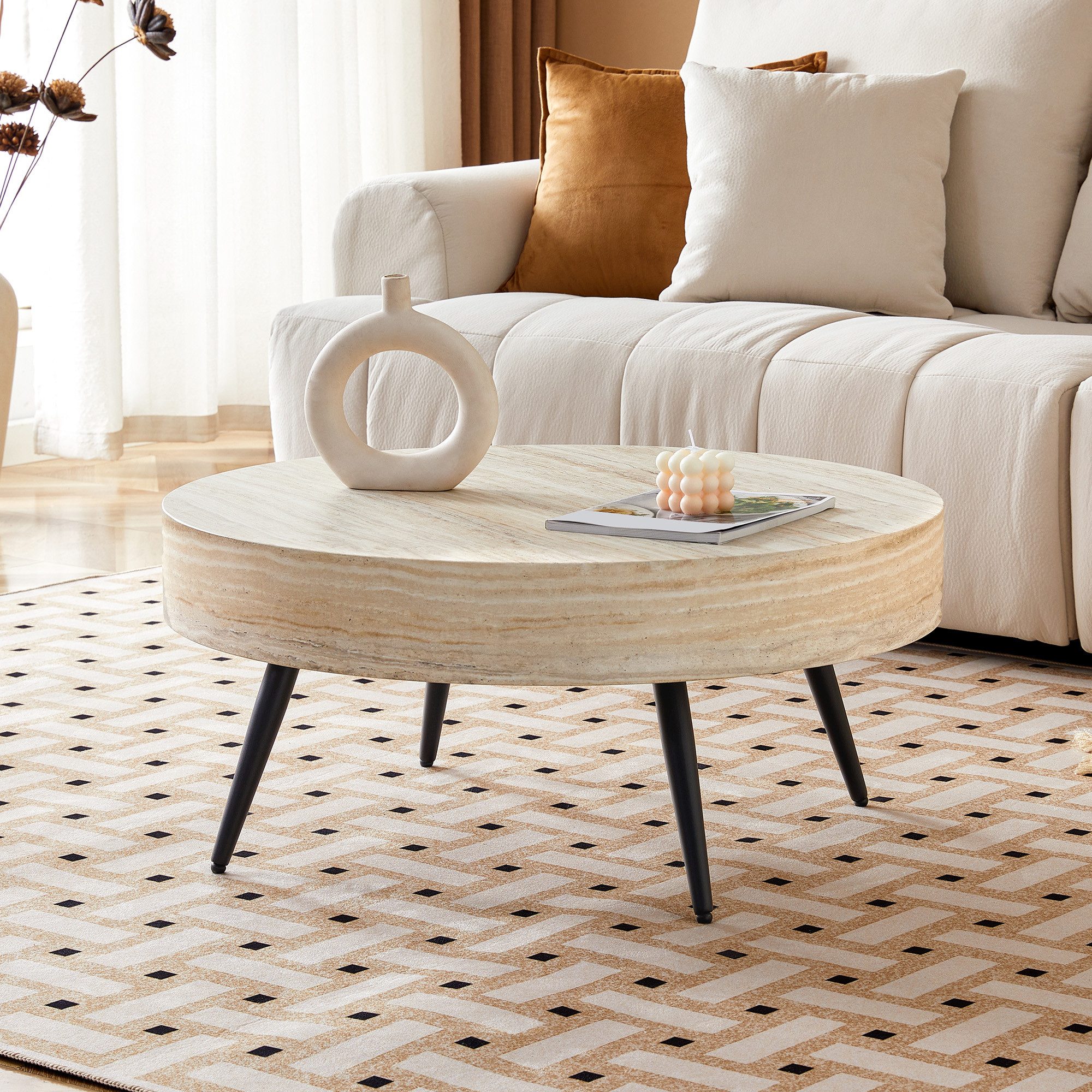 i@home Couchtisch Runder Kaffeetisch,Wohnzimmertisch​,Wohntisch,Industriestil,70x35.5cm, heller Travertin-Holzoptik MDF&schwarzen Metallbeinen,Industriestil