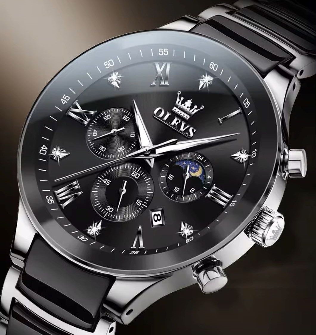 OLEVS Quarzuhr Herrenuhr Olevs Chronograph mit Keramikarmband Bi Color