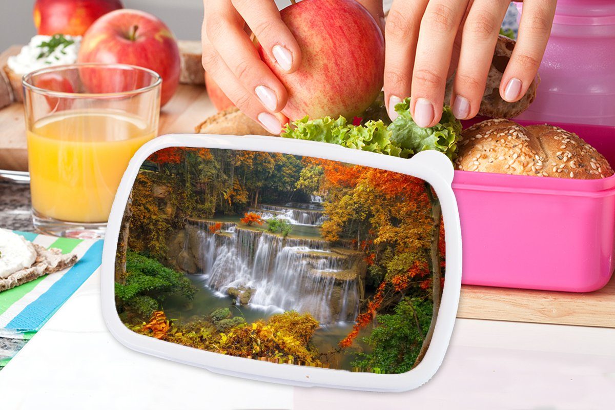 MuchoWow Lunchbox Snackbox, Kunststoff Brotbox Bäume Kunststoff, Mädchen, - rosa Wasserfall (2-tlg), Herbst, Erwachsene, Kinder, - Brotdose für