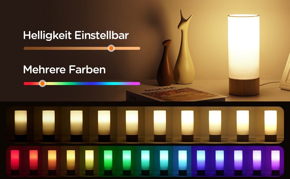 Tischlampe, wechselbar Fernbedienung, RGB Dimmbar LED Holz, aus mit Tomons Nachttischlampe