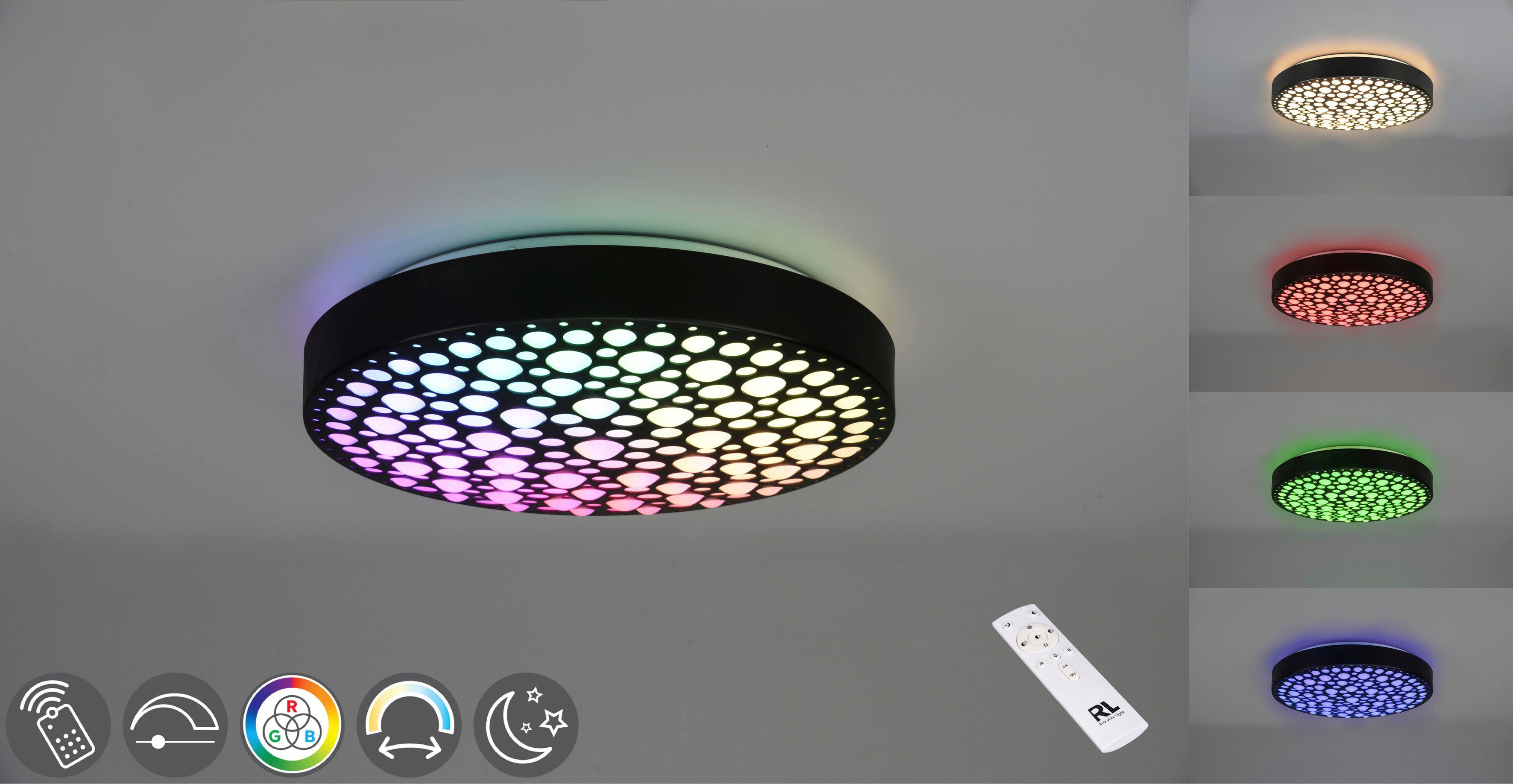 TRIO Leuchten LED Deckenleuchte Chizu, CCT - über Fernbedienung,  Memoryfunktion, LED fest integriert, Farbwechsler, warmweiß - kaltweiß,  Regenbogen RGB-Wechsel, dimmbar per Fernbedienung, Memory, Nachtlicht,  bequeme Steuerung der vielfältigen