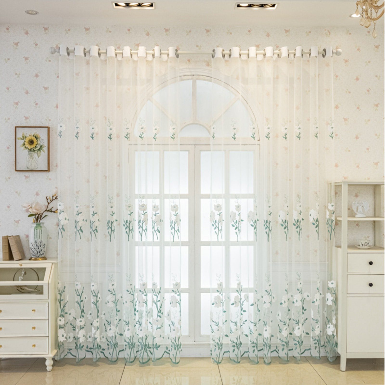 Gardine, HOMEIDEAS, Ösen (2 St), transparent, Polyester, 3D Blumen Bestickt, Landhausstil, 132 × 175 cm