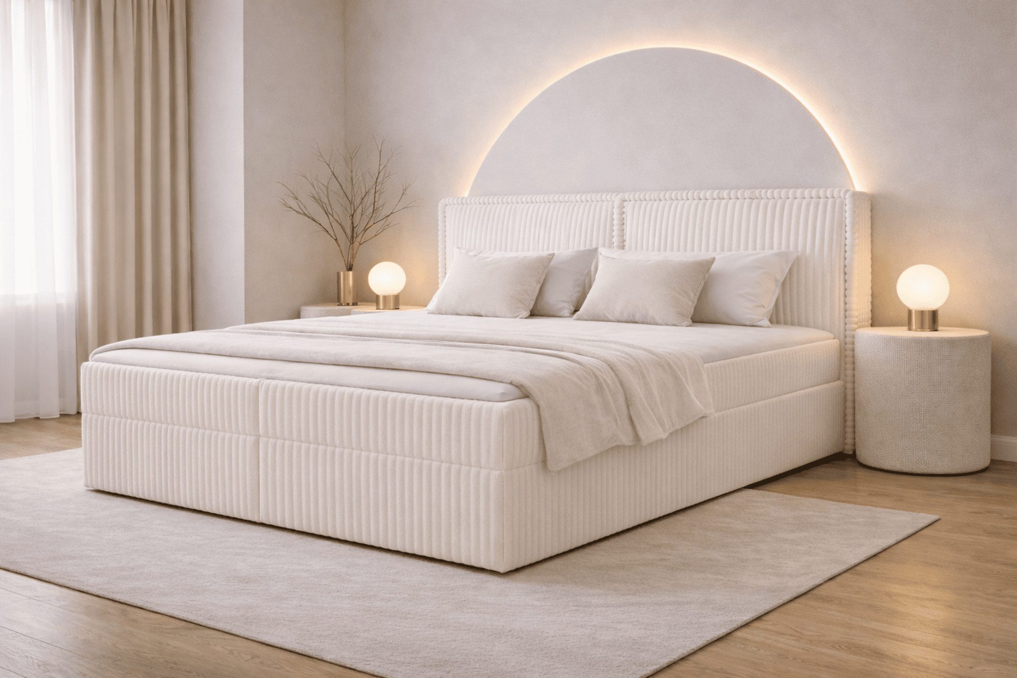 MOEBLO Boxbett Bett 04 (Bonnell + Topper, Doppelbett gepolstertes Kopfteil Bett mit Bettkasten, aus Cord, Polsterbett Kontinentalbett), (BxHxT):143/163/183x113x214cm