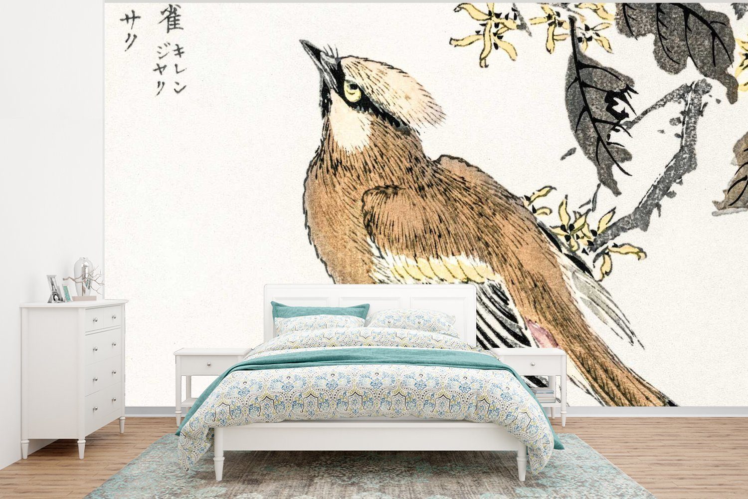 MuchoWow Fototapete Japanisch - Vogel - Baum, Matt, bedruckt, (6 St), Wallpaper für Wohnzimmer, Schlafzimmer, Kinderzimmer, Vinyl Tapete