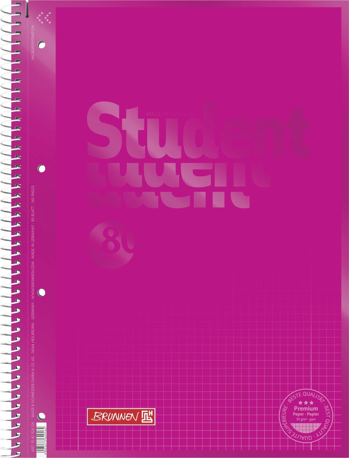 BRUNNEN Druckerpapier Collegeblock Student Colour Code DIN A4 kariert mit  Rand innen/außen 90g/m² pink 80 Bl.