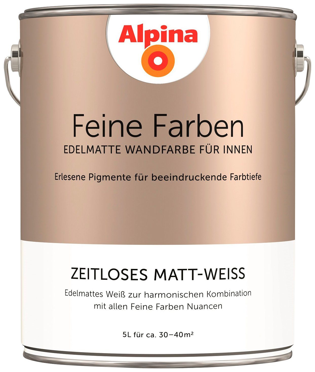 Alpina Wand- und Deckenfarbe Feine Farben Zeitloses Matt-Weiß, Edelmattes  Weiß, 5 Liter