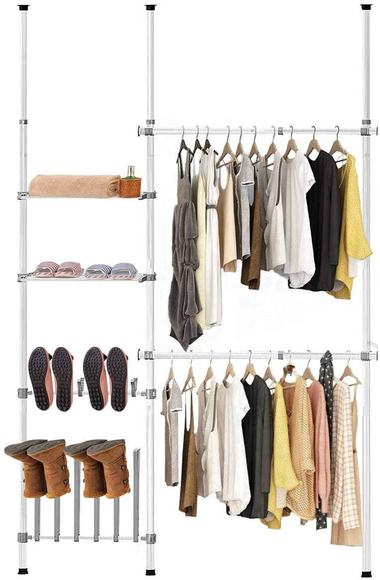 COSTWAY Garderobenständer »Kleiderständer mit 3 Kleiderstangen«, 2 Ablagen und 12 Haken, höhen-, längen- und winkelverstellbar