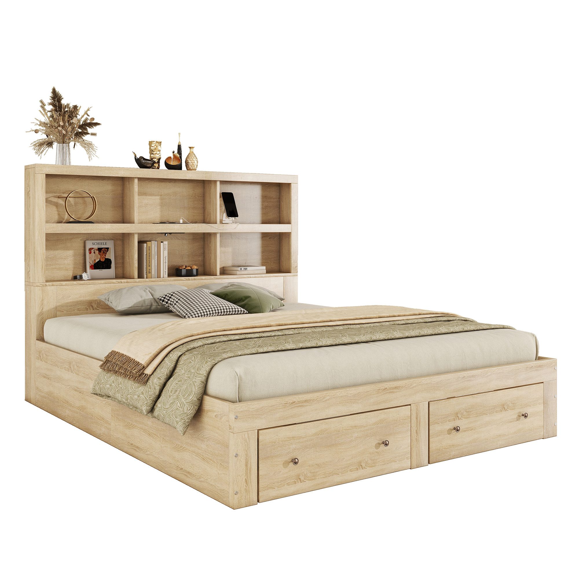Merax Holzbett 160x200cm mit 6 Fächern und 2 Schubladen, Doppelbett Kingsize mit USB-Anschluss, aus Massivholz