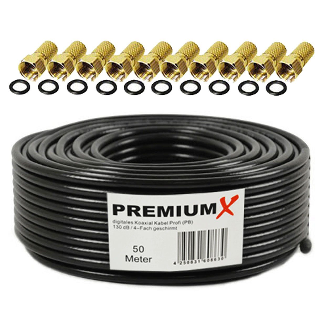 PremiumX 50m PROFI Koaxialkabel Schwarz 130dB 4-fach KUPFER 10x F-Stecker SAT-Kabel