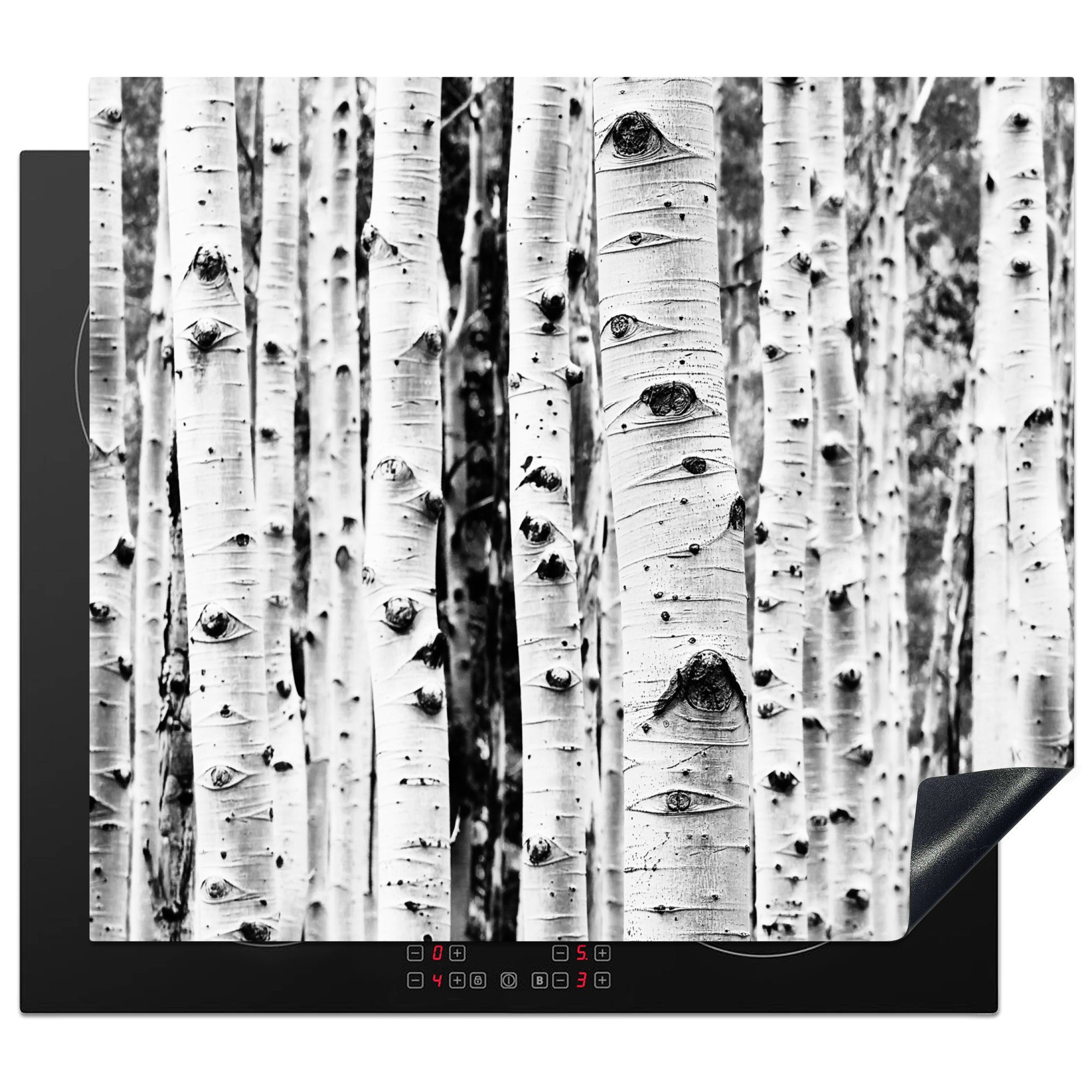 MuchoWow Herdblende-/Abdeckplatte Bäume - Holz - Schwarz und weiß - Natur, Vinyl, (1 tlg), 60x52 cm, Mobile Arbeitsfläche nutzbar, Ceranfeldabdeckung