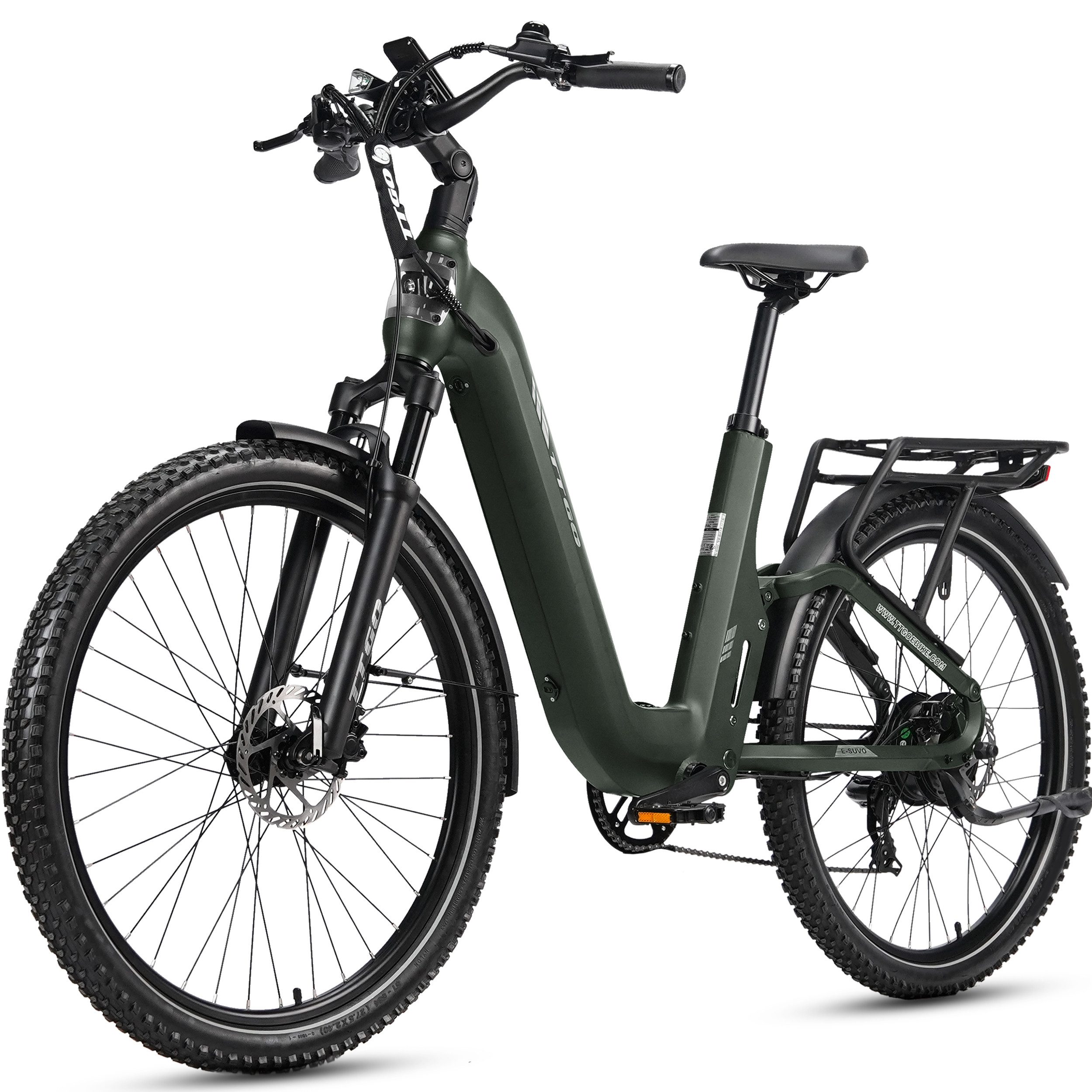 TTGO E-Bike Cityrad 28 Zoll, 48V 720Wh, 140km, SUV, Fully, Vollfederung, Bremslicht, 7 Gang Shimano ARDTY300D Schaltwerk, Kettenschaltung, Heckmotor, 720 Wh, (Lockout-Federgabel, Softtail, Farb-LCD-Display, Hydr. Scheibenbremse), Drehmomentsensor, Elektrofahrrad, Tiefeinstieg für Damen und Herren