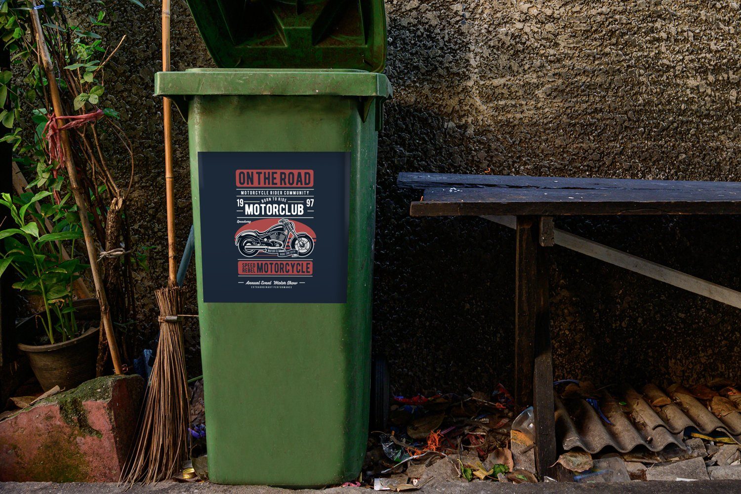 MuchoWow Wandsticker Motorrad - Retro Mülltonne, Container, (1 Mülleimer-aufkleber, Abfalbehälter Zitat St), - Sticker