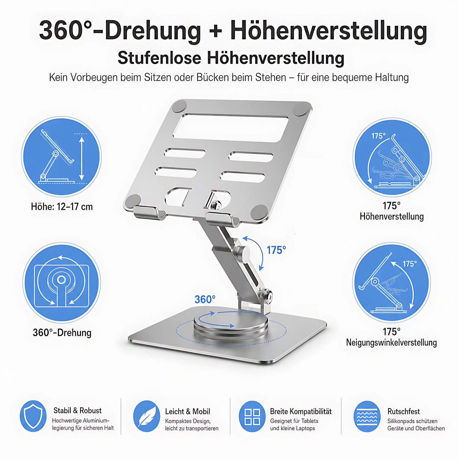 Refined Living Tablet-Ständer Tablet Halterung für Tisch 360° Drehbare höhenverstellbar Faltbarer, (Verstellbarer Aluminium Desktop-Ständer Tablet und Handy Stä – Bild 5 von 5