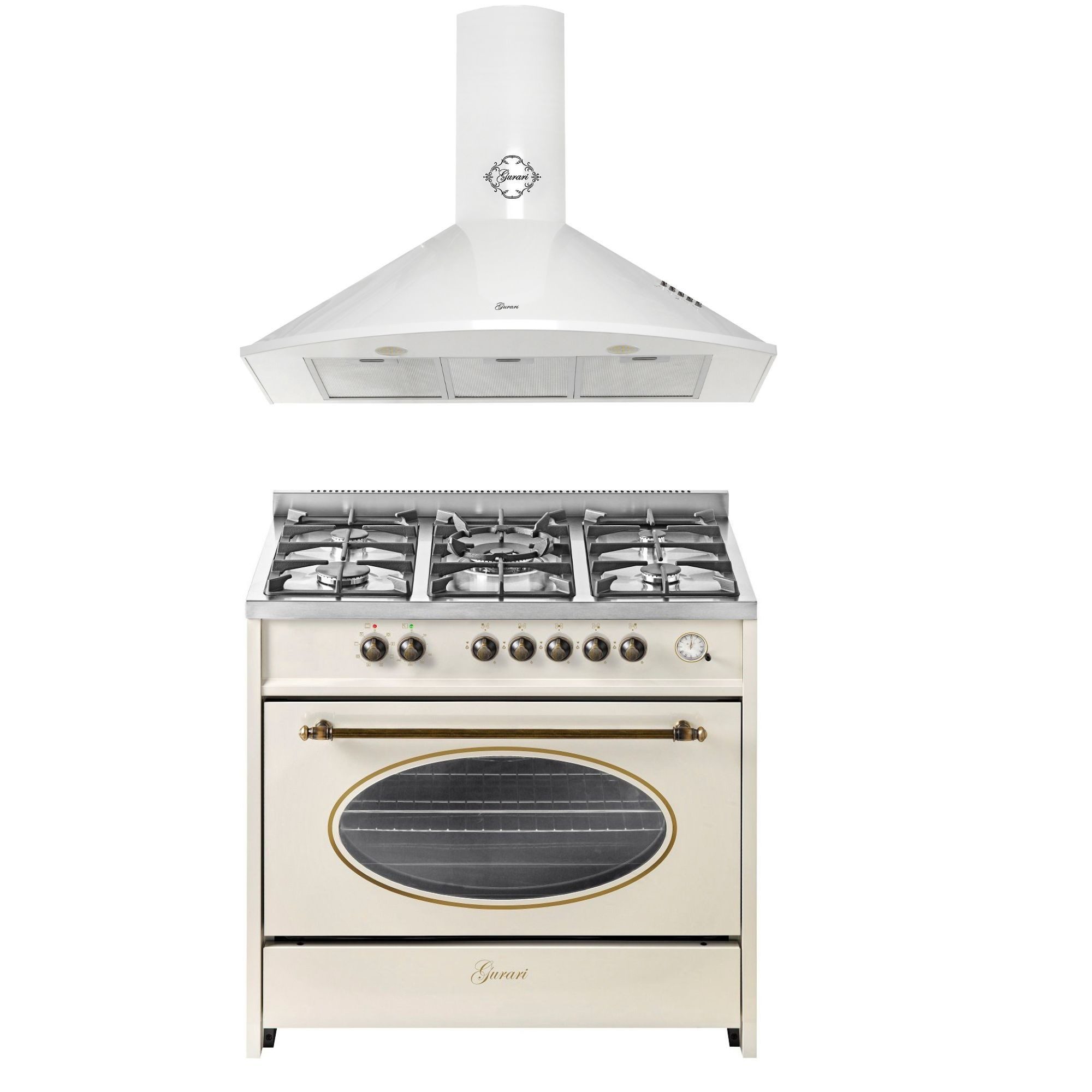 GURARI Gas-Standherd Retro Gas Elektro Standherd 8 Funktionen, 121L, 90 cm+Dunstabzugshaube 90 cm Weiß Abzugshaube Abluft\Umluft GCH E 914 Cr R+GCH C 046 WH 9 N, mit 1-fach-Teleskopauszug
