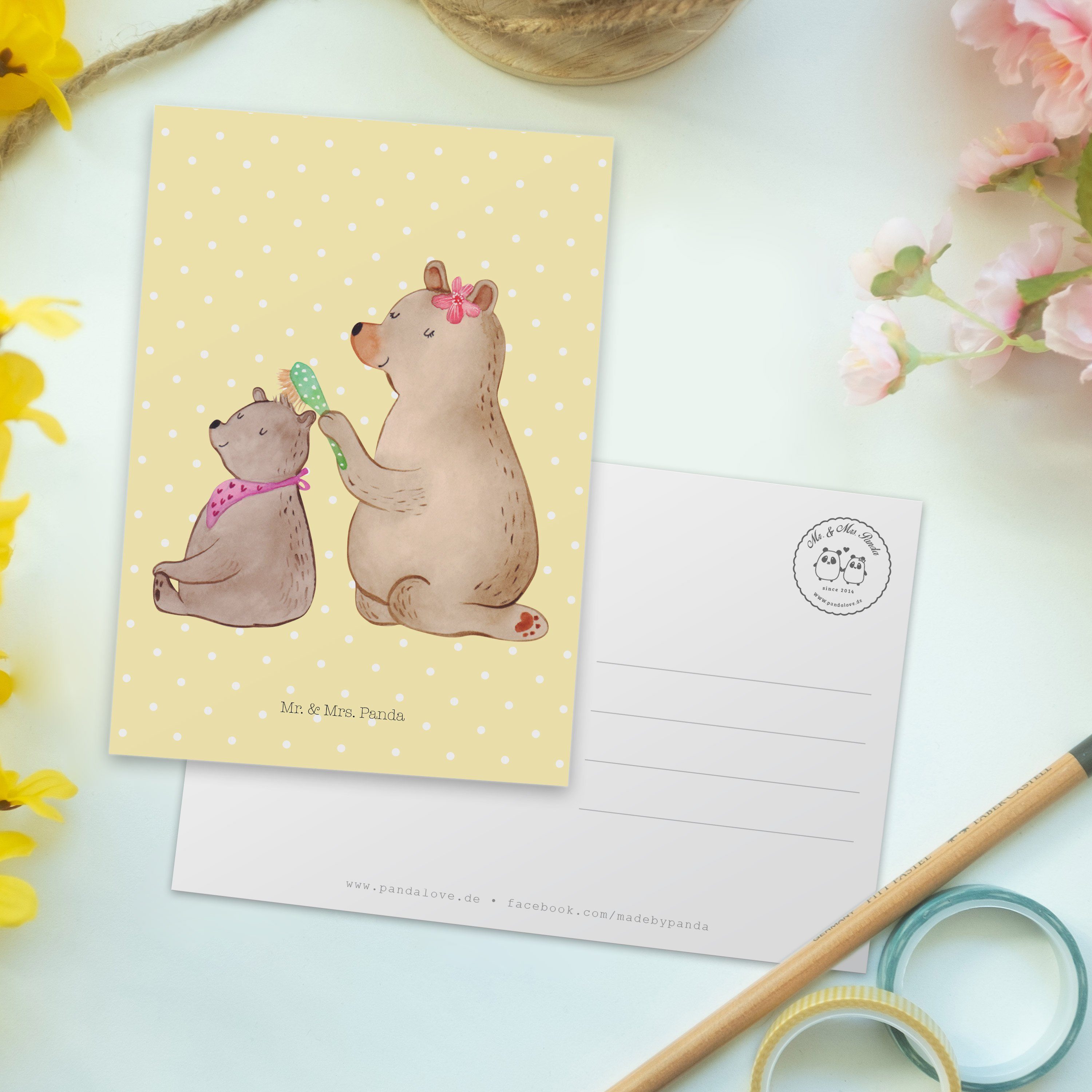 Geschenkkarte, mit - Postkarte Bär Panda - Gelb Mrs. Mr. Muttertag, & Kind Pastell Kar Geschenk,