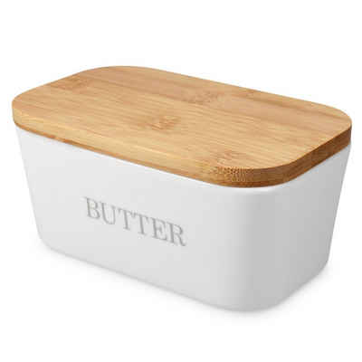 Navaris Butterdose, Keramik, (1-tlg), Keramikdose mit Bambusdeckel - mit Silikon Dichtungsring - 16 x 10 x 7,7cm - für Butter und andere Lebensmittel - Butterschale
