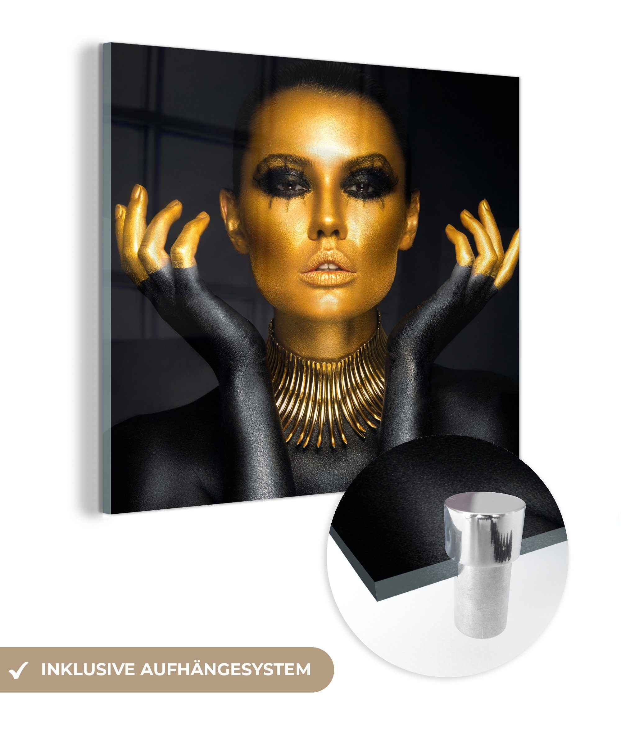 MuchoWow Acrylglasbild Frau - Porträt - Gold - Luxus - Schwarz, (1 St), Glasbilder - Bilder auf Glas Wandbild - Foto auf Glas - Wanddekoration bunt