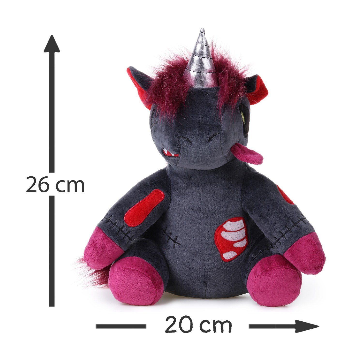 Corimori Kuscheltier Grusel Plüsch-Stofffigur "Doomy" Zombie-Einhorn (Packung, 1er Pack), leuchtet im Dunkeln, Halloween, Plüschtier, 29cm, anthrazit - rot