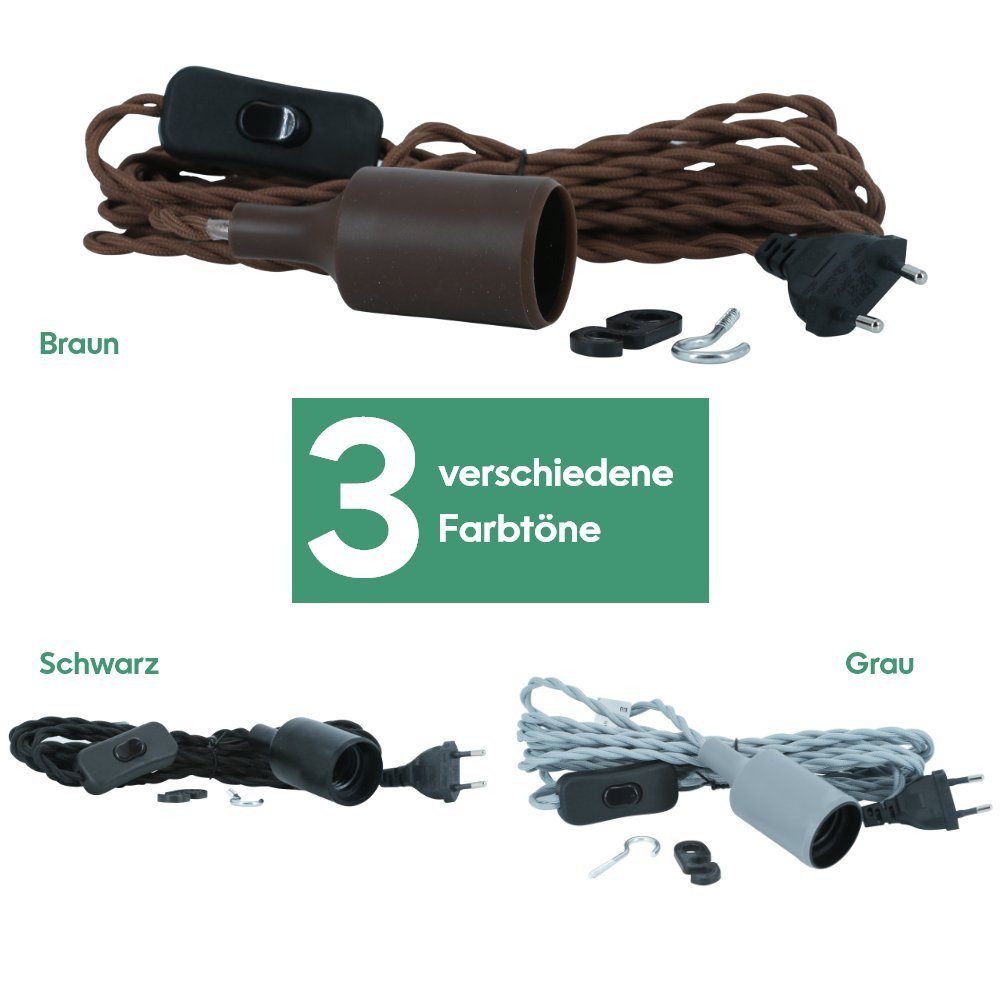 PARUS Pflanzenlampe Zubehör, ohne Leuchtmittel, 4 Meter Kabel, Parus by Venso E27 Lampenfassung Helix 4m Textilkabel Schwarz, Euroste