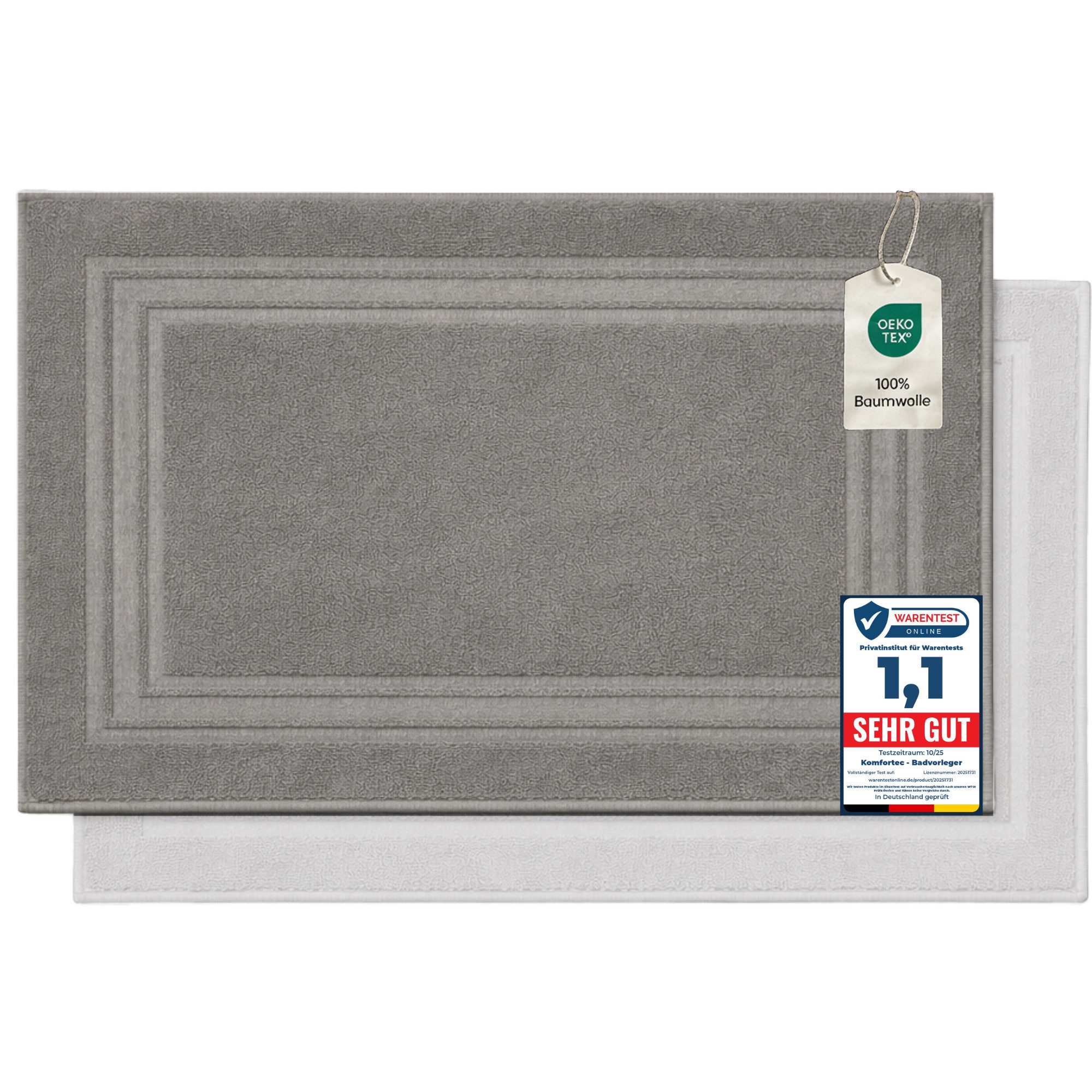 Komfortec Badematte Badvorleger aus 100% Baumwolle, Waschbar Duschmatte, Frottee, Rechteckig, 600 g/m², 2er Set, Saugfähig & Schnelltrocknend