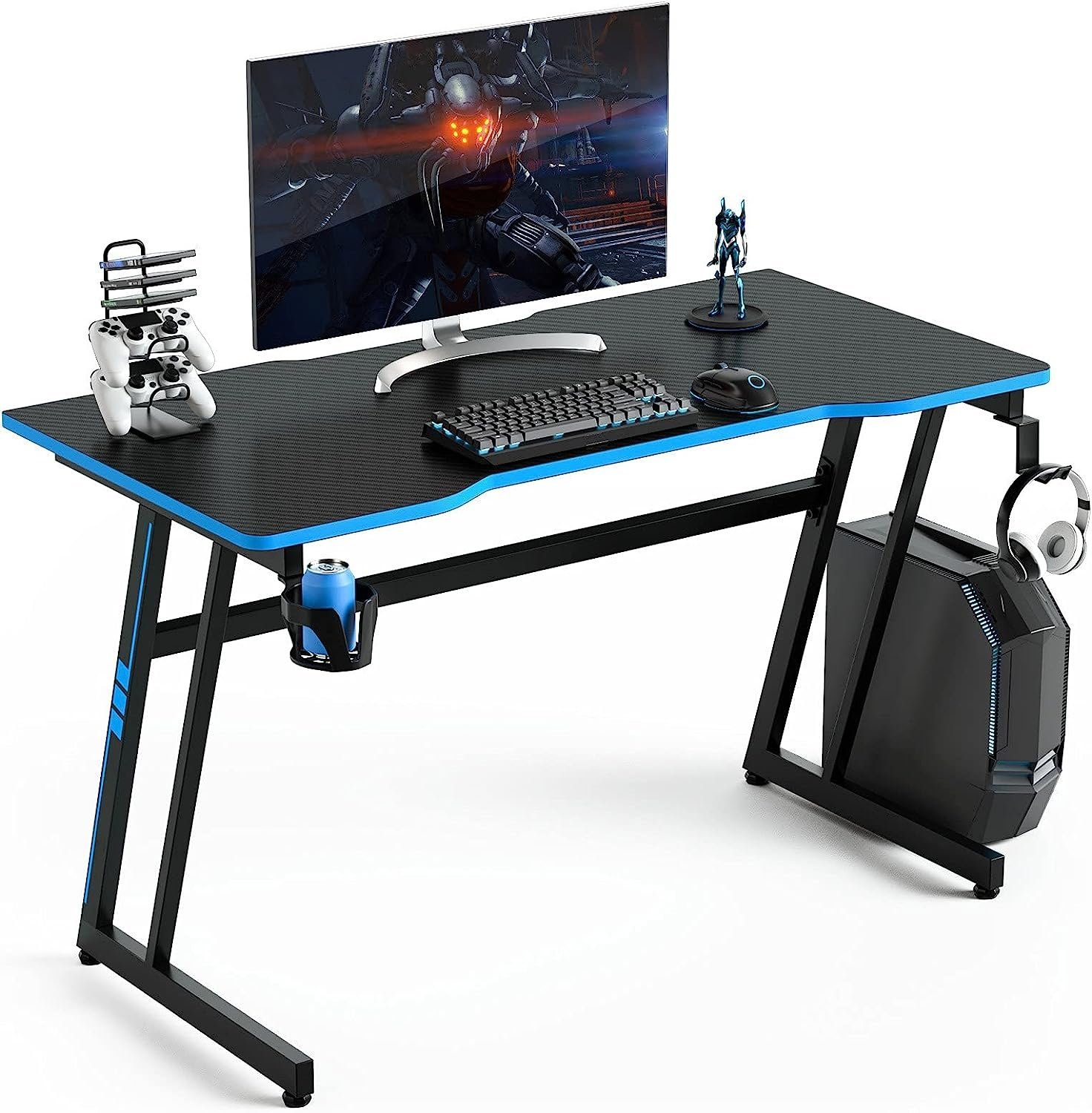 KOMFOTTEU Gamingtisch Metall, & × blau+schwarz 60 Holz cm 120 PC-Tisch Computertisch, aus