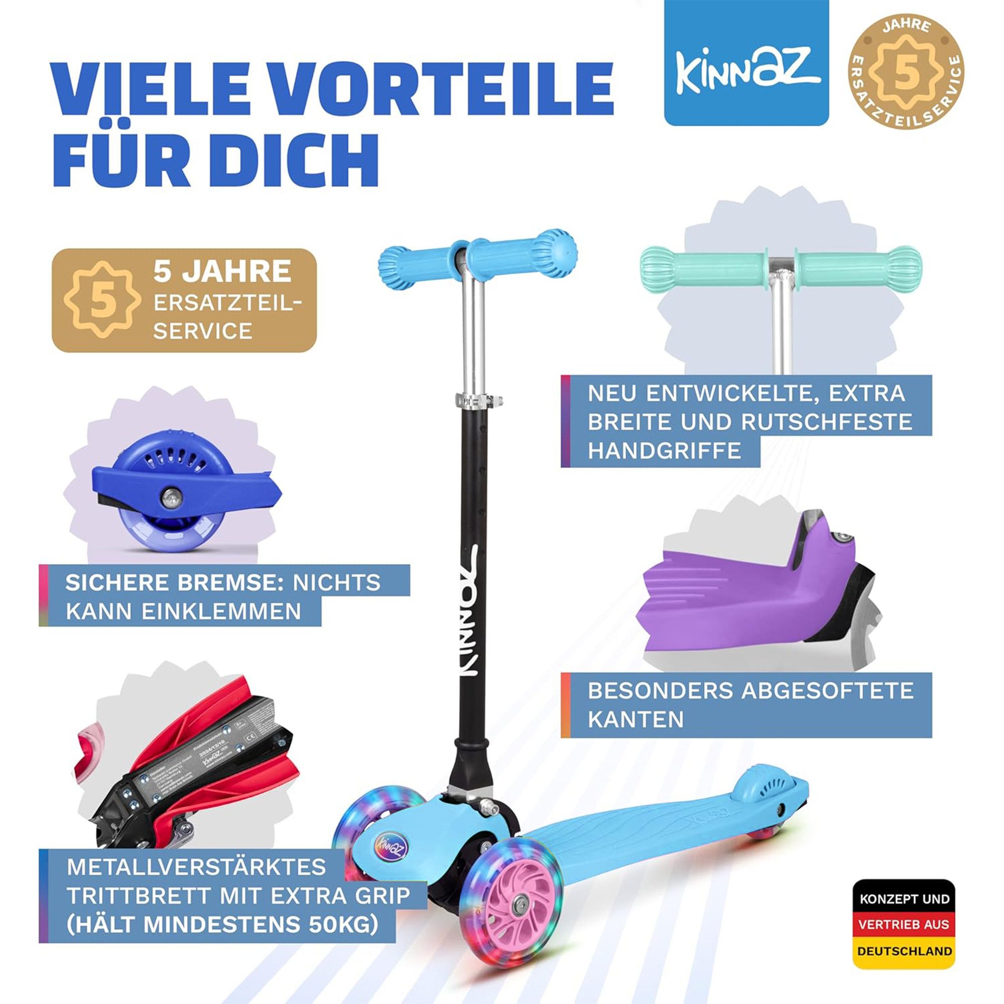 KINNAZ Dreiradscooter ab 2 Jahre LED, faltbar, Höhe flexibel, Kinderoller, Scooter, Roller, (Kinderroller, kinnaz ONE), Händler aus Hamburg – Bild 5 von 5