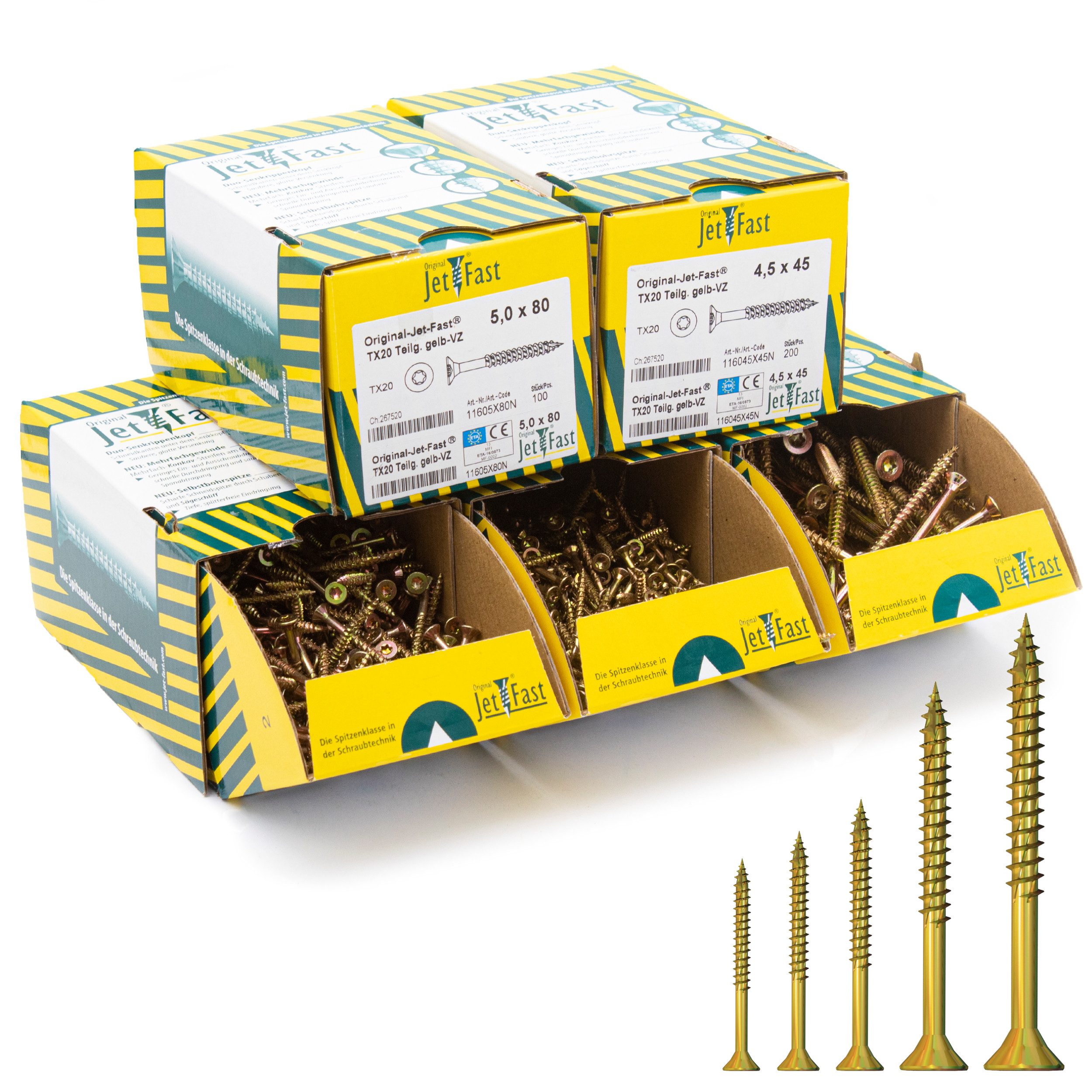 Jet-Fast Schrauben-Set Spanplattenschrauben, Duo-Senkkopf, Selbstbohrspitze - Heimwerker Set, (Packung-Set), Selbstborhspitze, kein Vorbohren nötig, schnelles Einschrauben