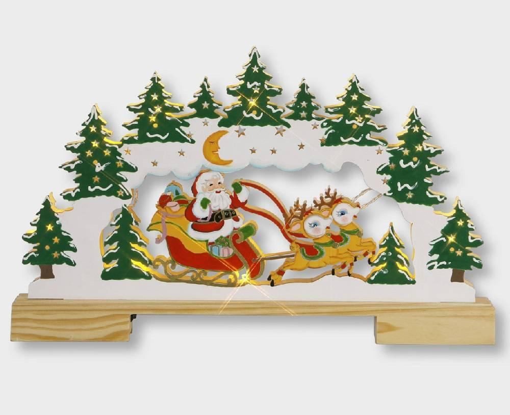 STAR LED Fensterleuchter 004-44 LED Holzleuchter Weihnachtsmann im Schlitten Batterie 28x45cm