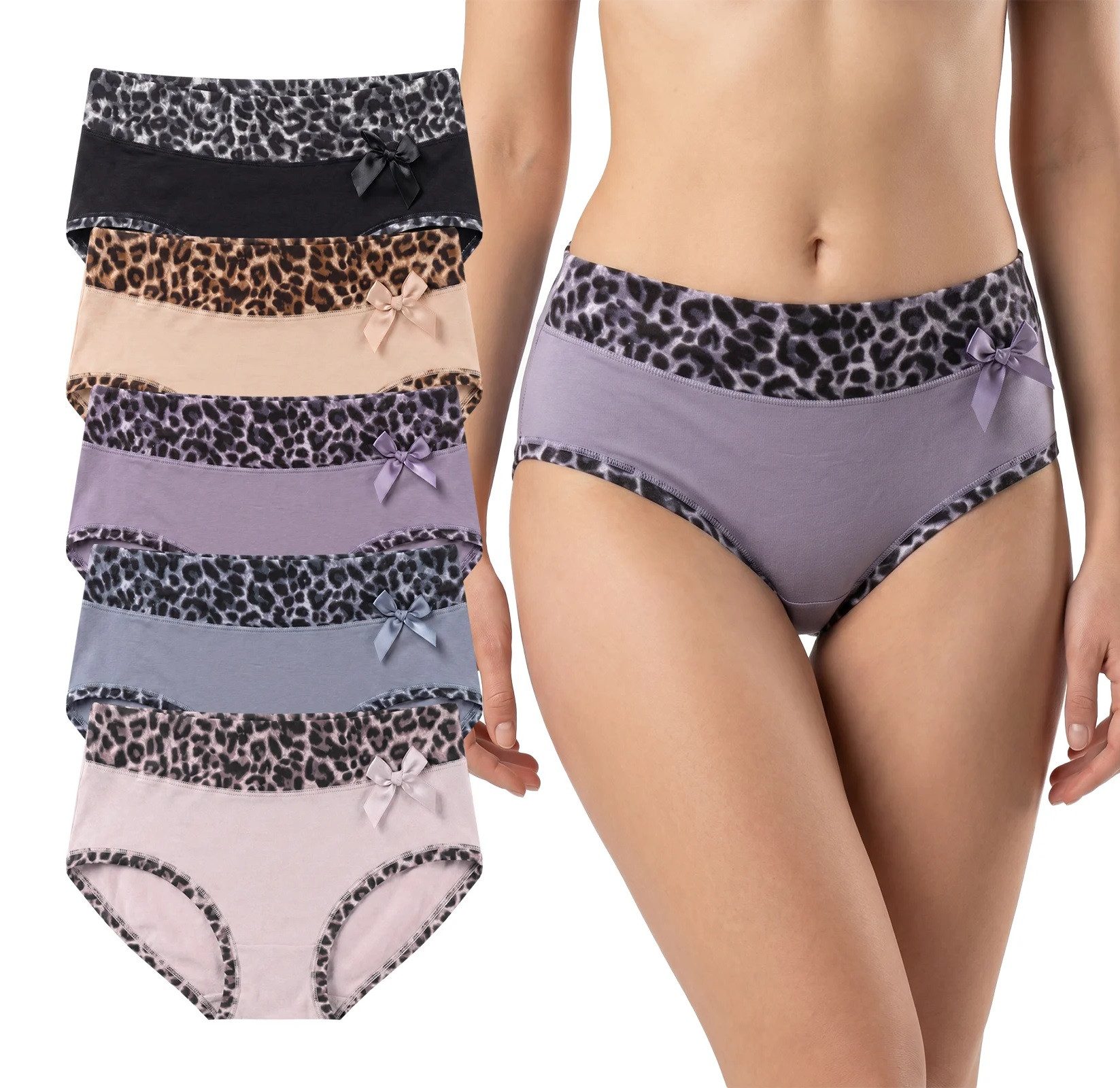Rungassi Taillenslip Damen Slips 5er Pack Bequeme Taillenslips Leopardenmuster Schleife (Set bestehend aus 5 Taillenslips)