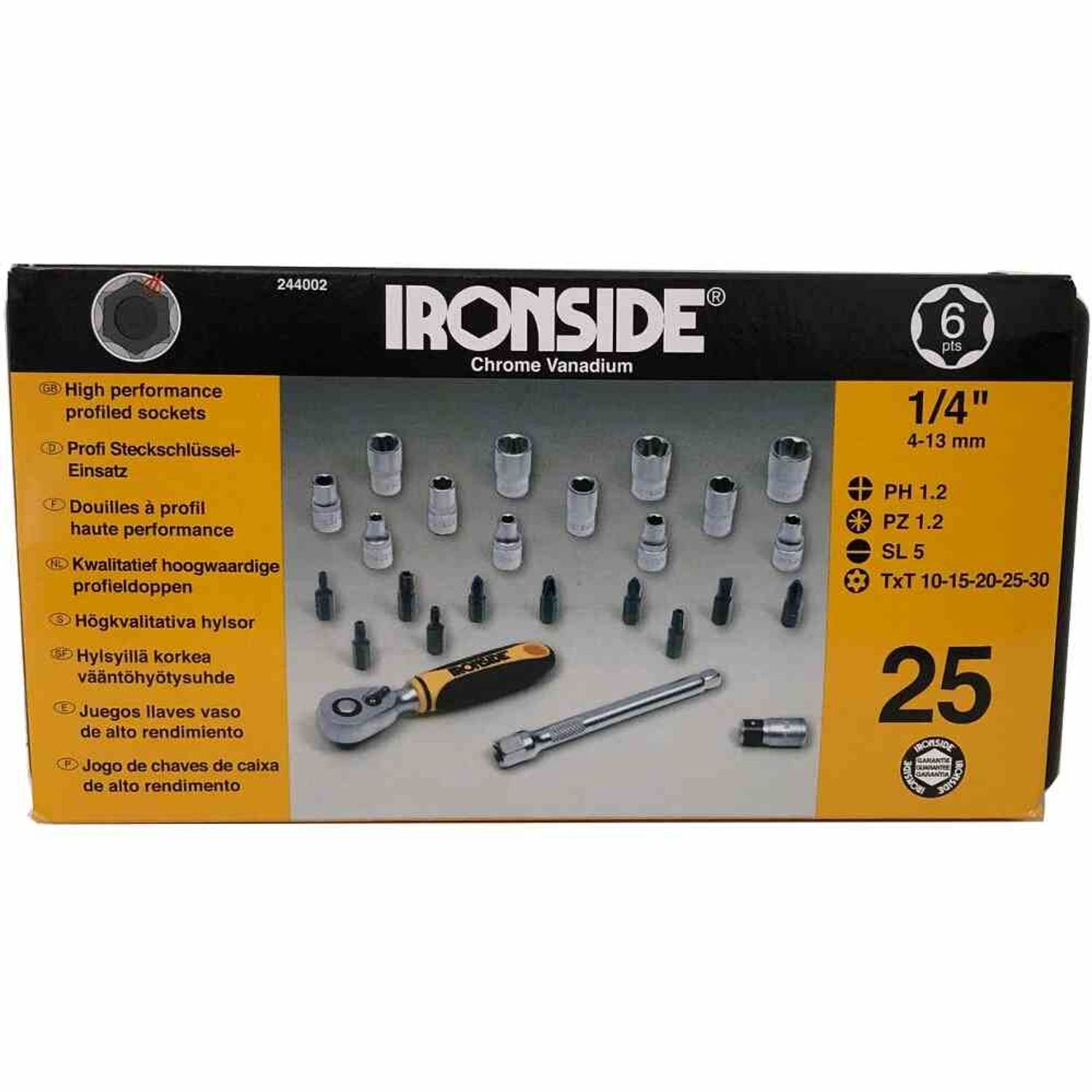IRONSIDE Bitsatz Steckschlüssel (1/4) + TOP 25tlg Schraubenschlüssel 6,35mm Steckschlüssel