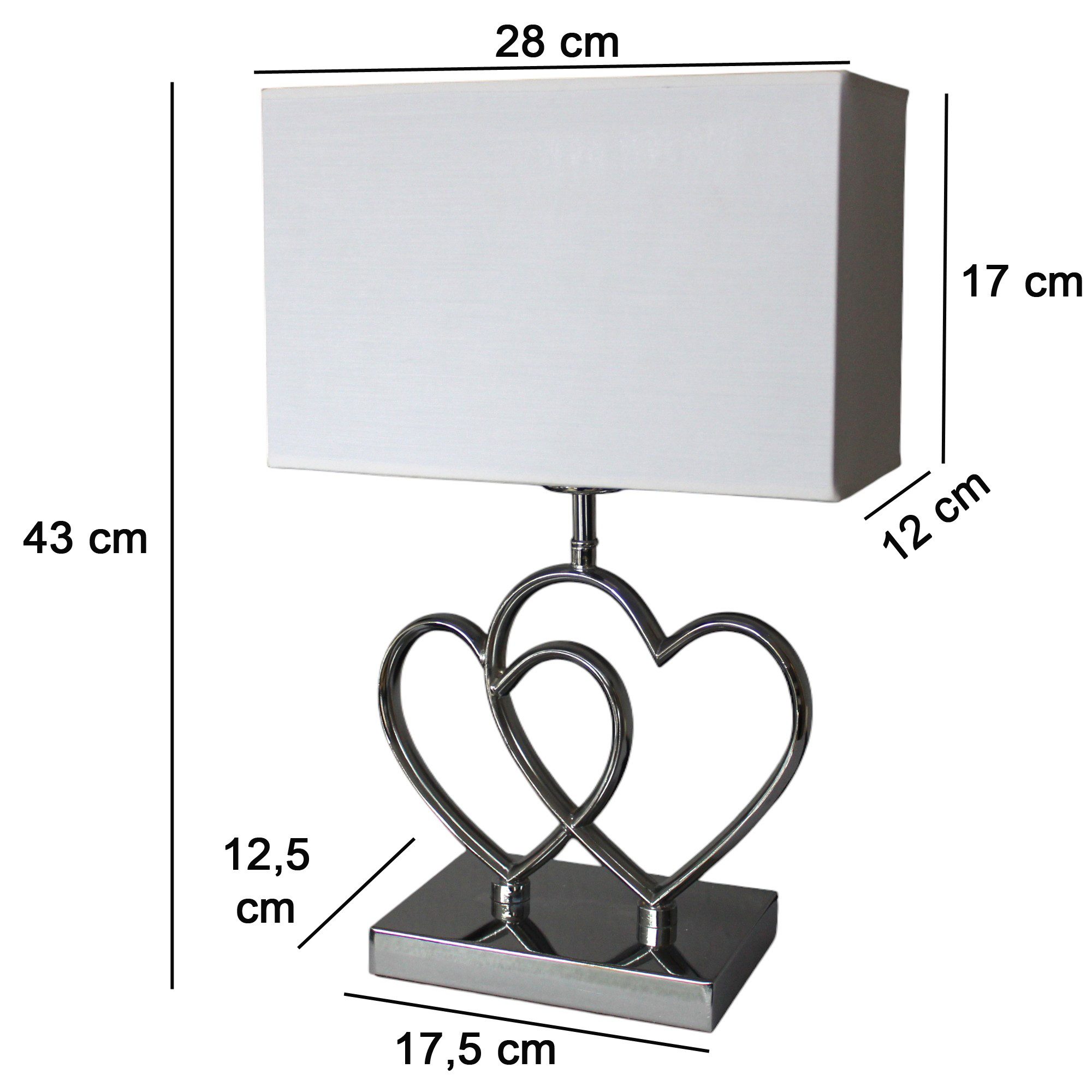 Arnusa Tischleuchte Tischlampe Herz chrom mit weißen Stoff Lampenschirm eckig Lampe, ohne Leuchtmittel, Nachttischlampe Beistelllampe