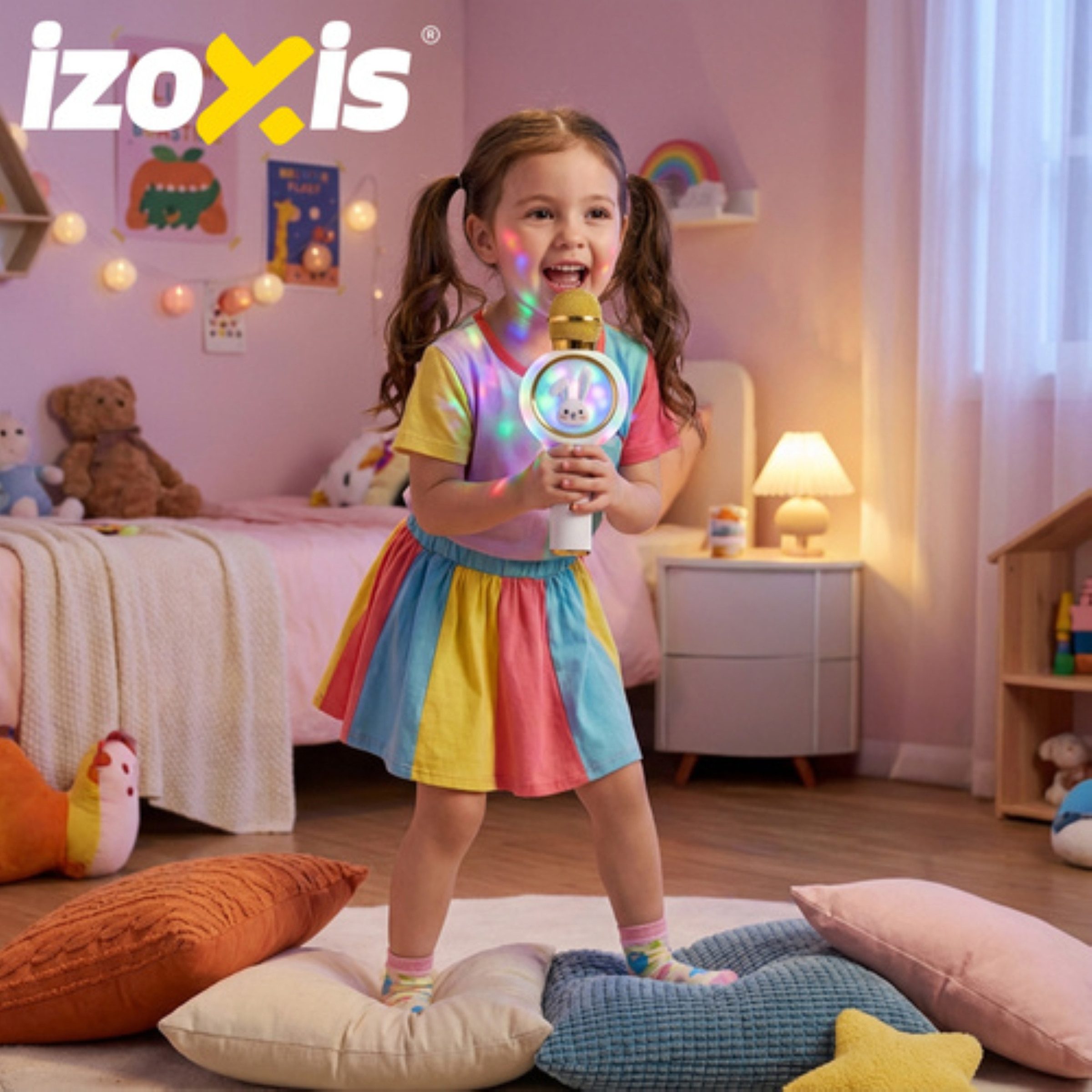 IZOXIS Mikrofon Kabelloses Bluetooth-Karaoke-Mikrofon für Kinder mit Hasenlautsprecher (Kabelloses Bluetooth-Kinder-Mikrofon Hasenmotiv, 800-mAh Akku), Kabellos, kinderfreundlich, Hasenmotiv